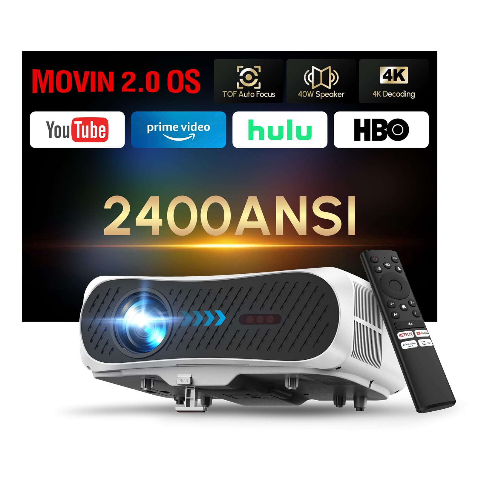 Projecteur Intelligent Lumière du Jour 2400 ANSI, 4K UHD HDR10, Mise au Point TOF, HDMI eARC/CEC, WiFi 6, Bluetooth 5.4, 2x38W, Cinéma Maison, Jeux Vidéo, Projection au Plafond