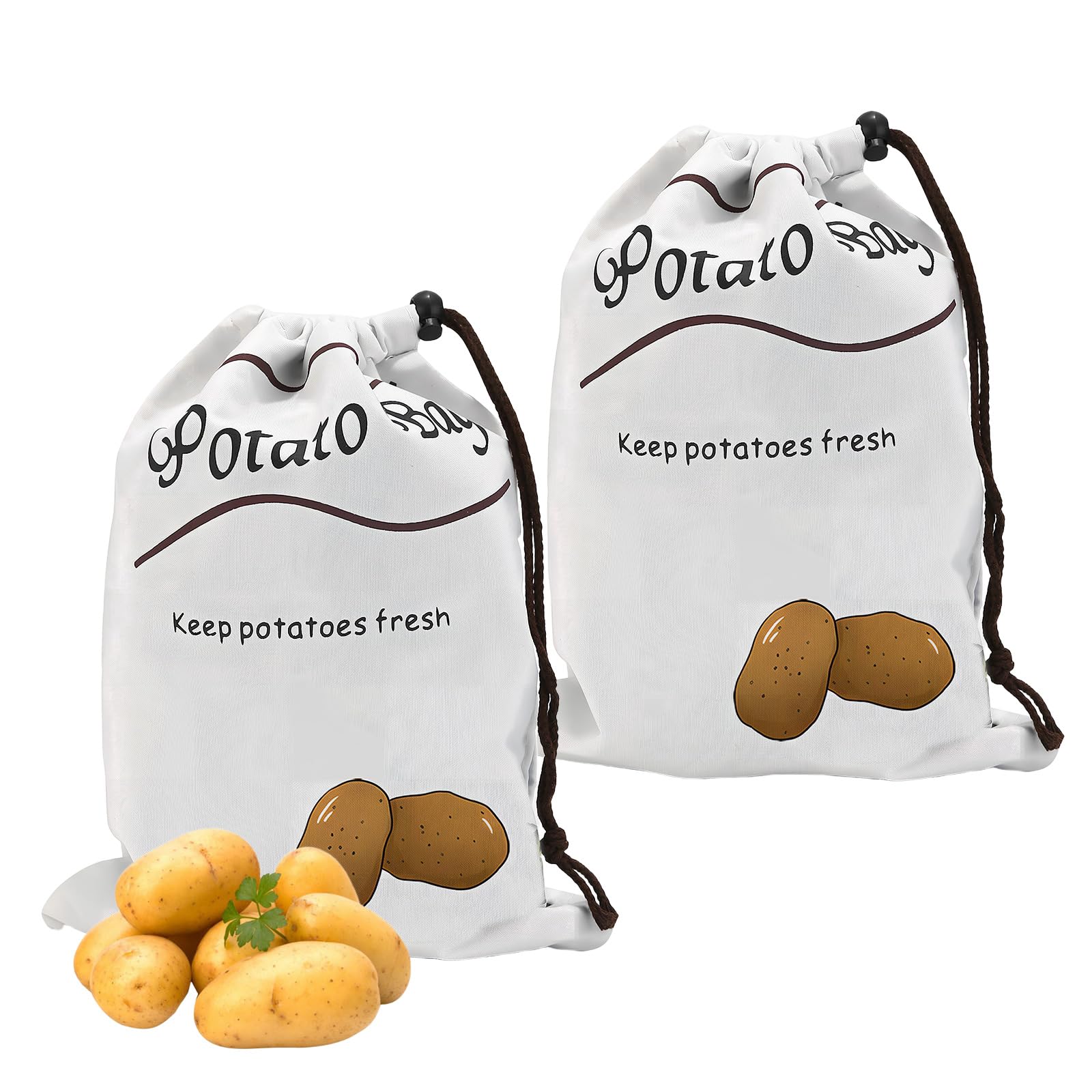 2 Pcs Potato Storage, 35x26cm Reusable Breathable Cotton Linen Drawstring Potato Sacks, Eco-Friendly Washable Potato Storage for Vegetables, Keep Food Fresh Naturally