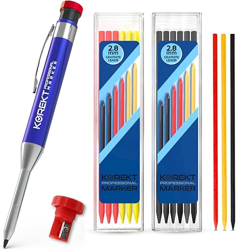 KOREKT Marcador profesional, juego de lápices de carpintero mecánico resistente para construcción con 12 recambios y sacapuntas para carpintería,