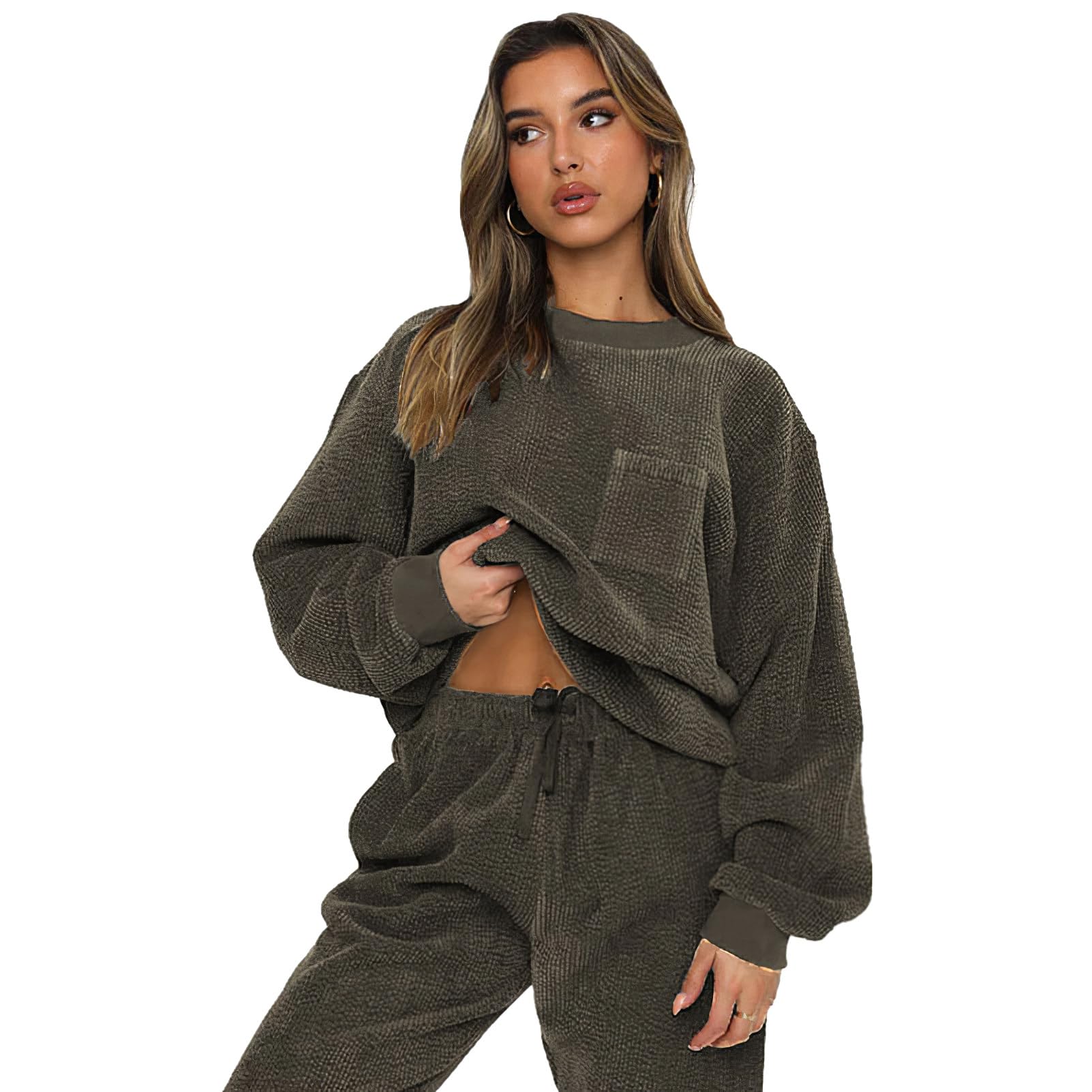 Femme Velours Côtelé 2 Pièces Survêtement Automne Hiver Duveteux Décontracté Vêtements de Sport