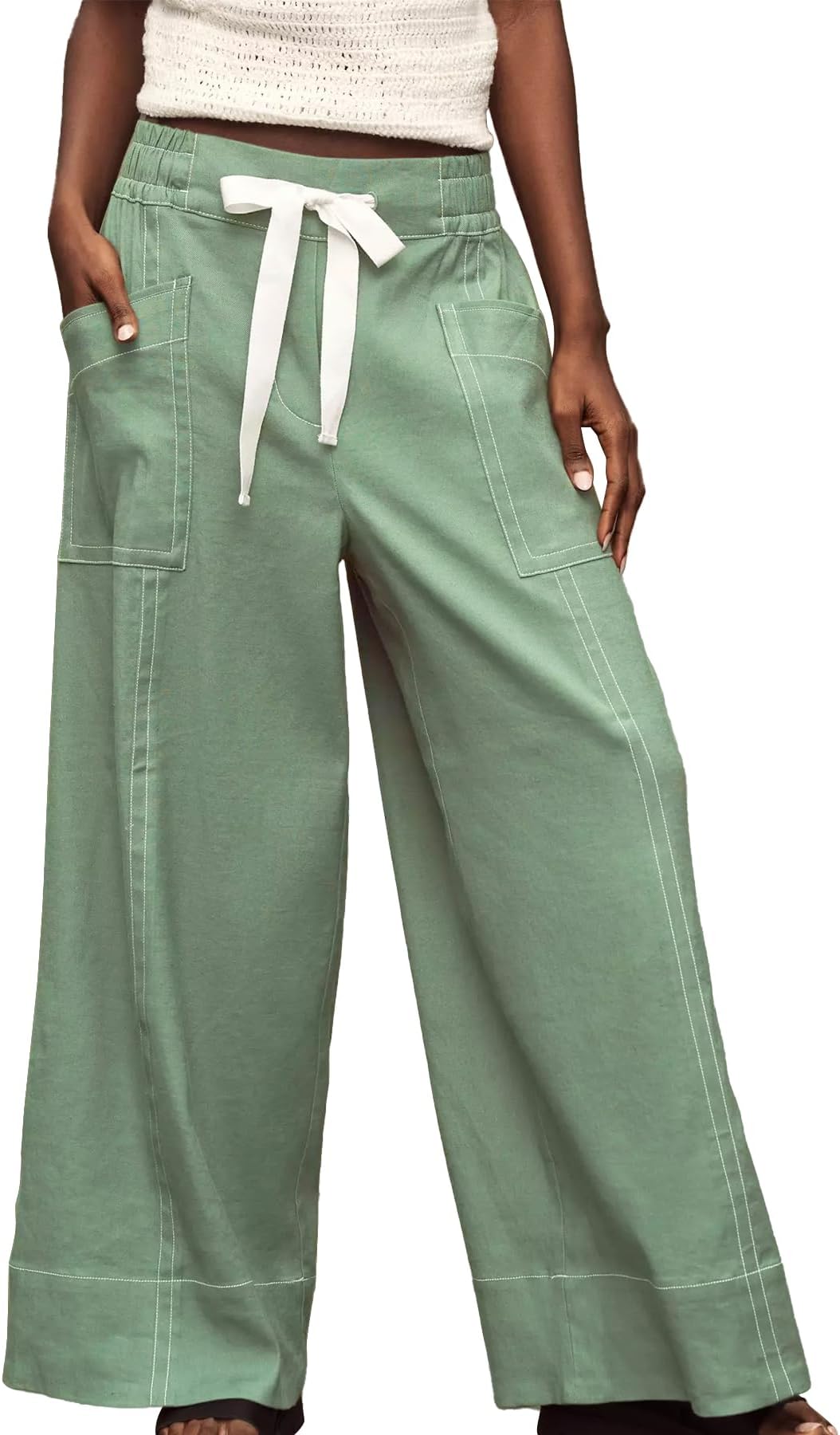Ainangua Womens Linen Pants Flowy Wide Leg Palazzo Pants Maeve Beach Vacation Trousers Plus Size Summer Outfits