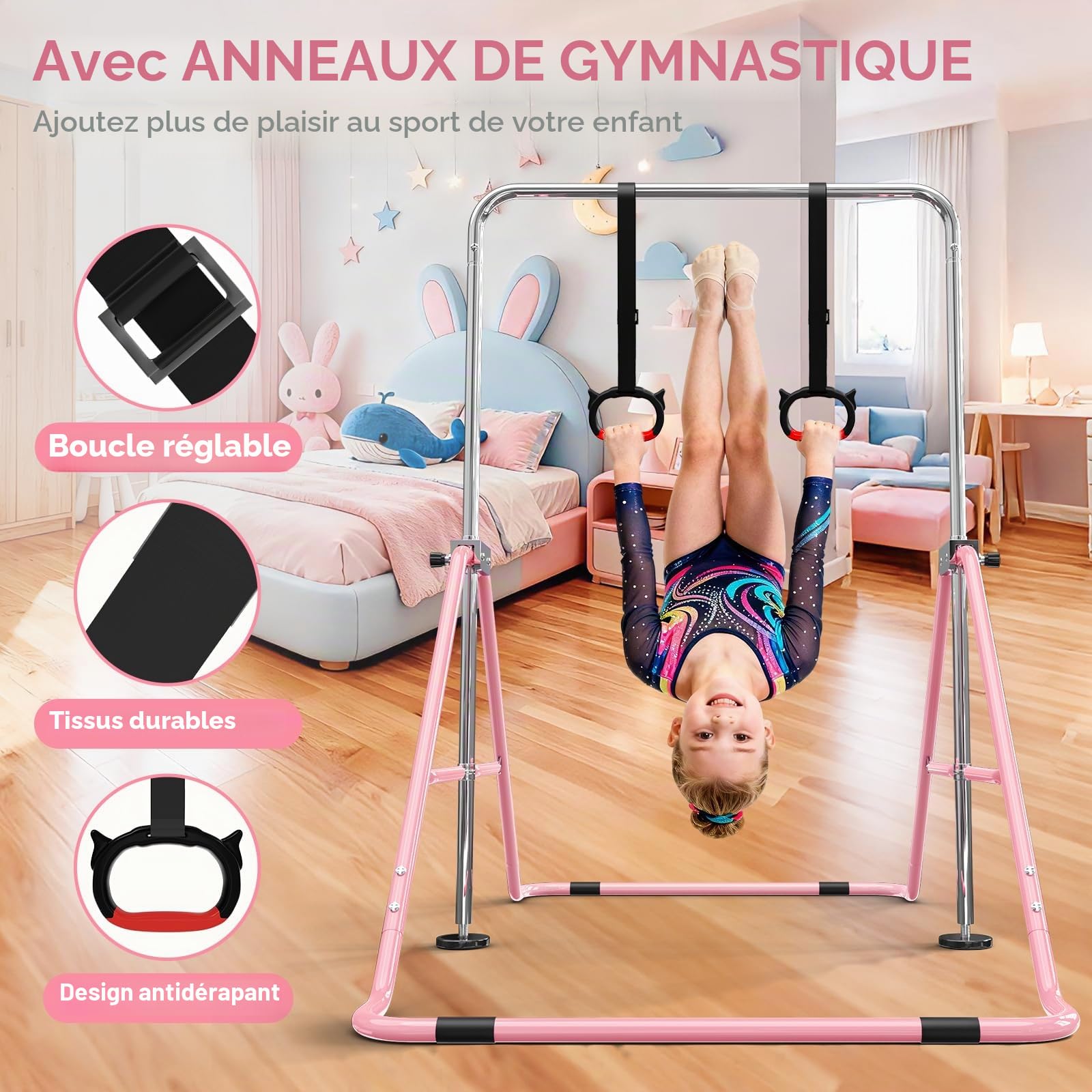 Barre de Gymnastique pour Enfants, Hauteur Réglable et Pliable – avec Anneaux, Barre Horizontale d’Intérieur pour Filles et Garçons, Équipement de Gym à la Maison