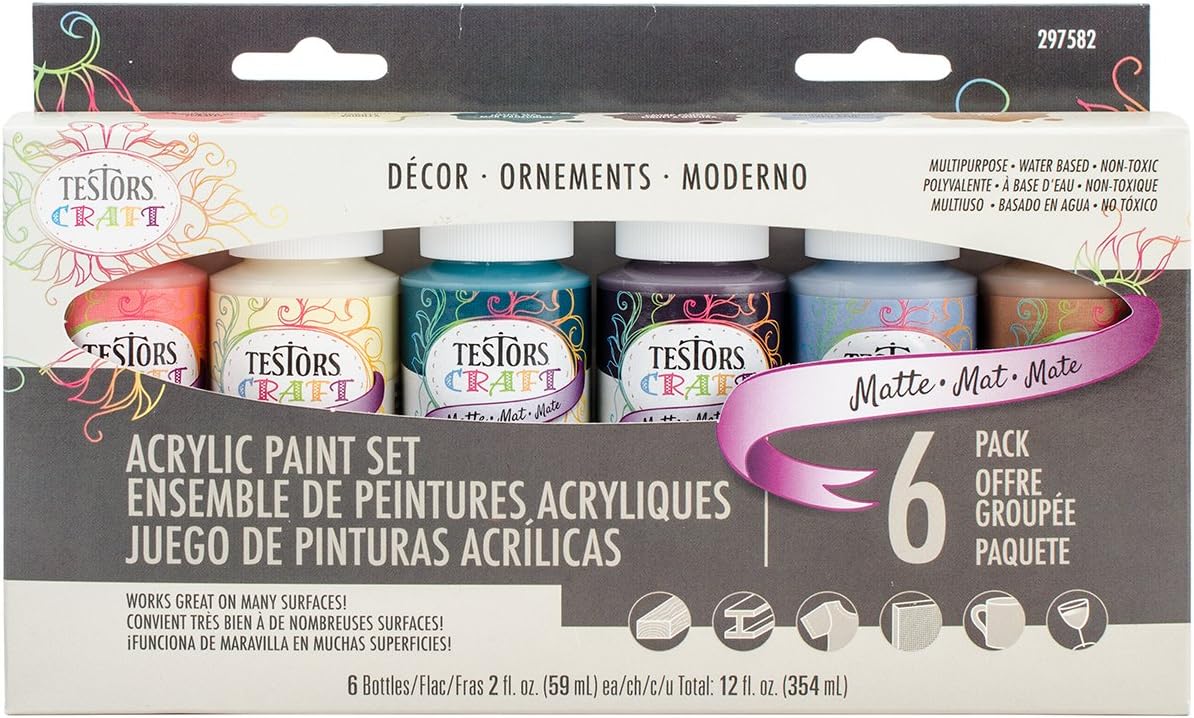 Testors 297582 Craft Acrylic Paint Set, Matte Decor Colors, 6 Pack, Multicolor