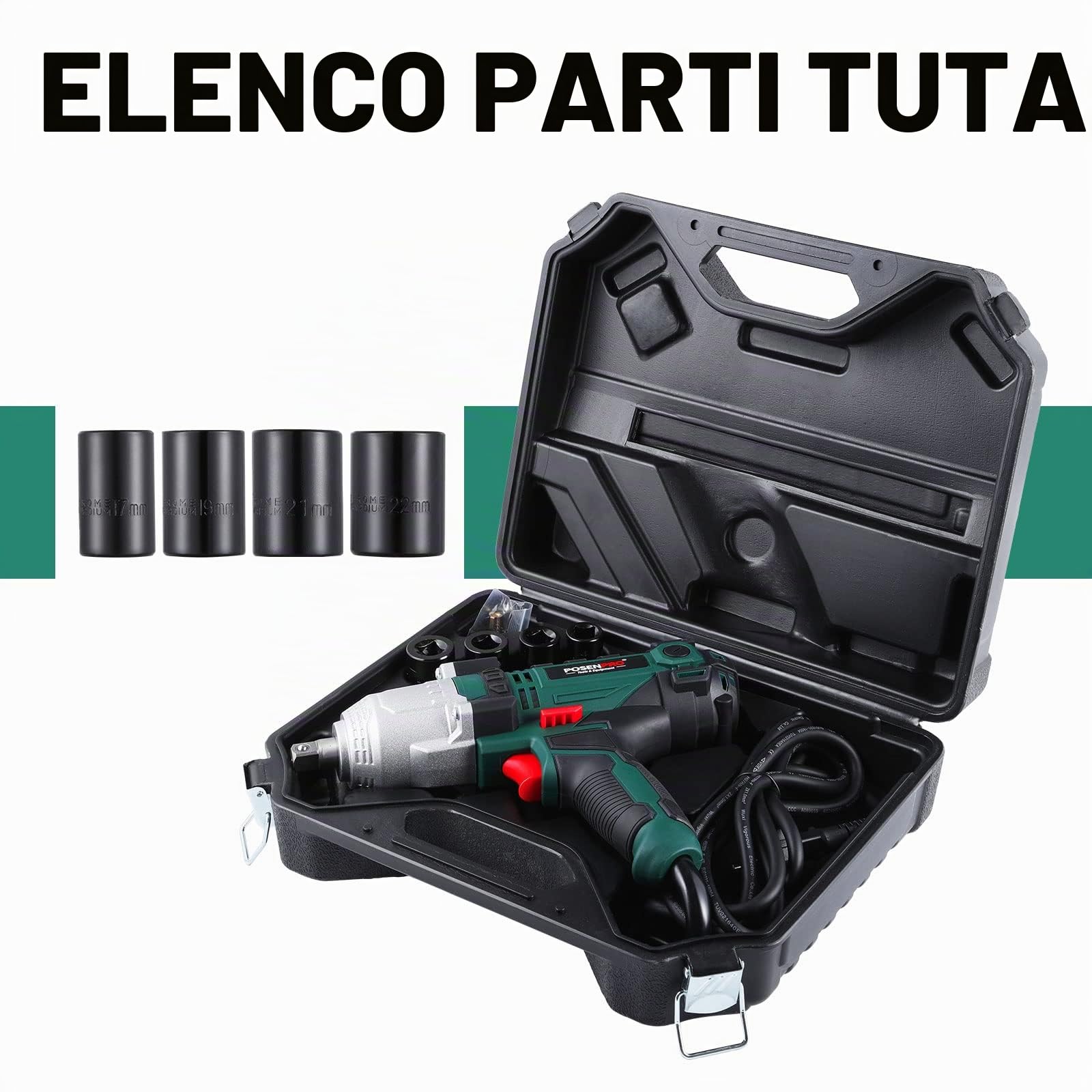 POSENPRO Avvitatore a impulsi 550 W, Avvitatori a Massa Battente, Coppia massima 500N.m, Fornito in una scatola con 4 prese (17, 19, 21 e 22 mm)