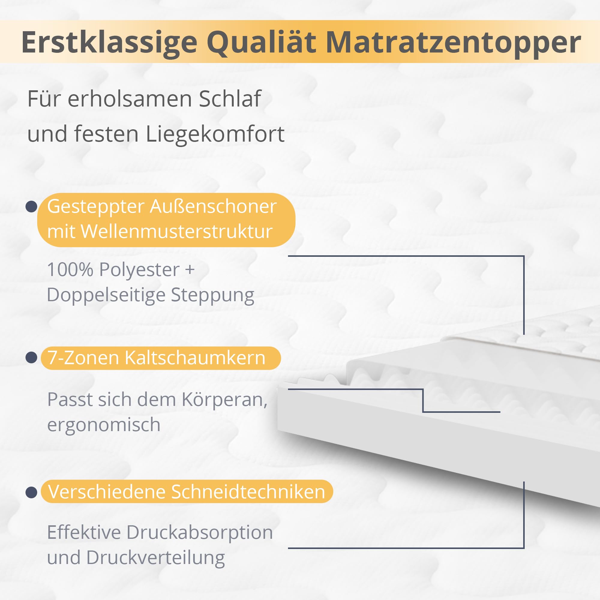 EGO Home Matratzen Topper 140x200 cm, 7cm Höhe Matratzentopper Härtegrade H2 mit 7-Zonen Spiral-Dorn Kaltschaumkern, Öko-TEX Zertifiziert, Matratzenauflage 140x200cm für Boxspringbett Schlafsofa