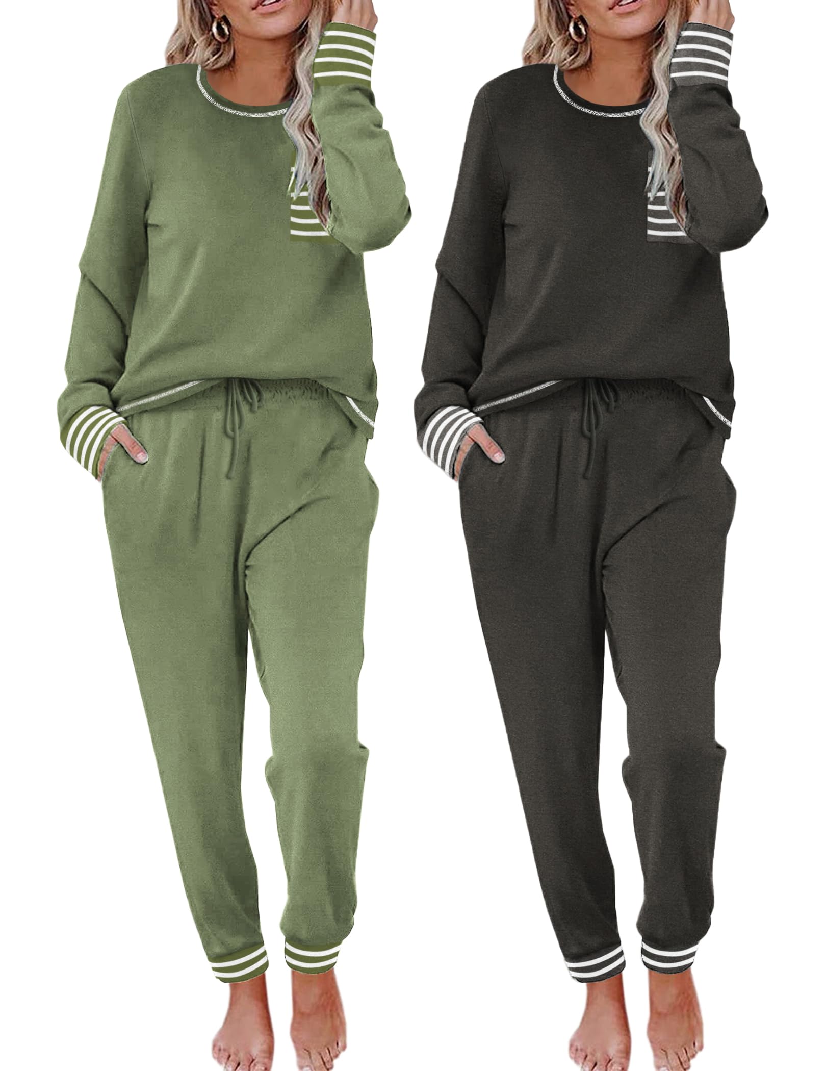 Ekouaer 2 Pack Womens Pajama Sets Long Sleeve Lounge Sets Soft Pj Loungewear Sleepwear