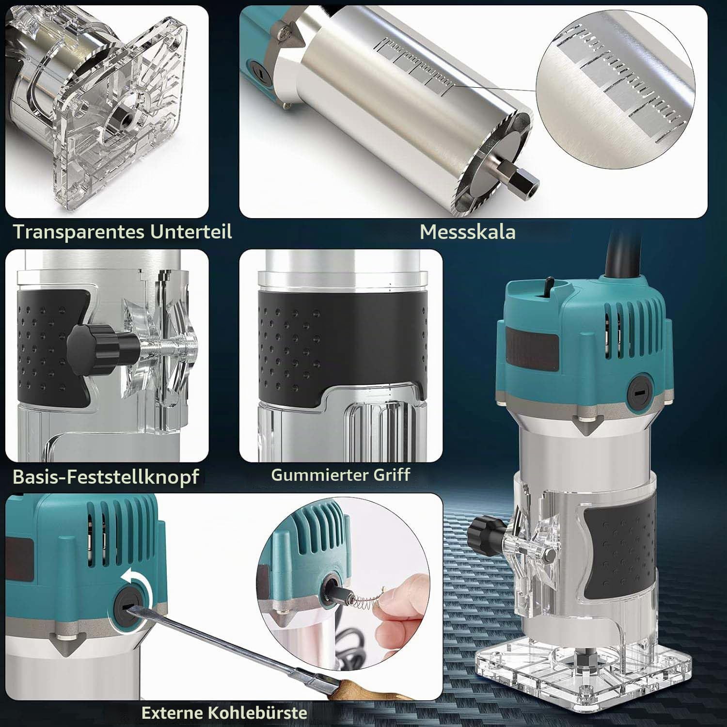Oberfräse Trimmer Router Fräsmaschine, elektrisch, Holzwerkzeug, 800 W, 30.000 U/min, Zange 8 mm, 6,35 mm + Koffer mit 15 Fräsern, Schaft 1/4 Zoll, für Holzbearbeitung