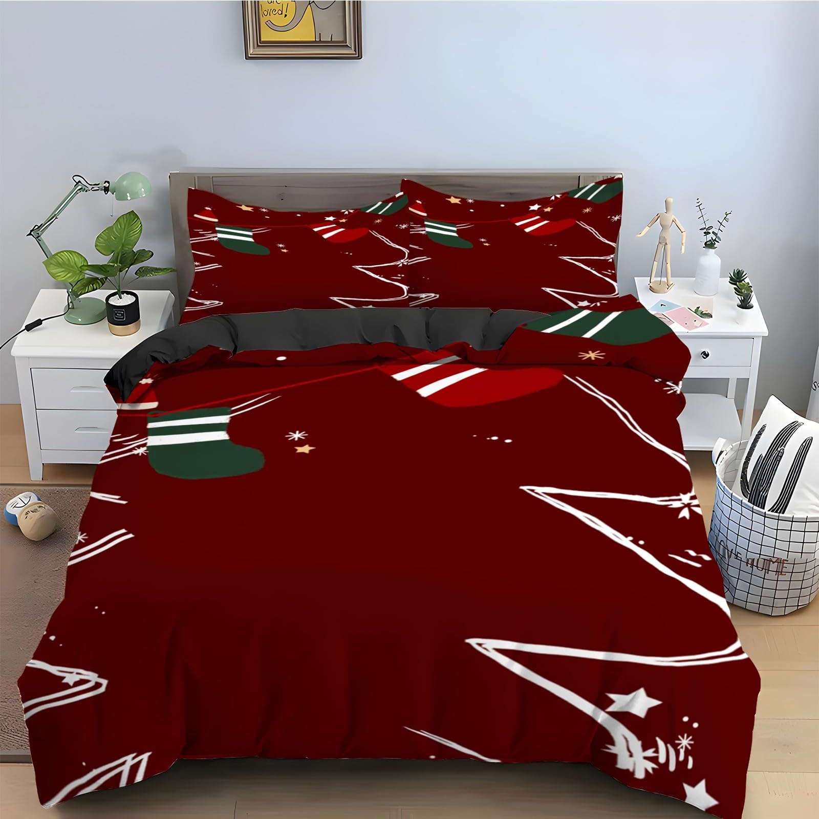 Housse de couette 90x190 literie 3 pièces chaussettes de Noël en microfibre
