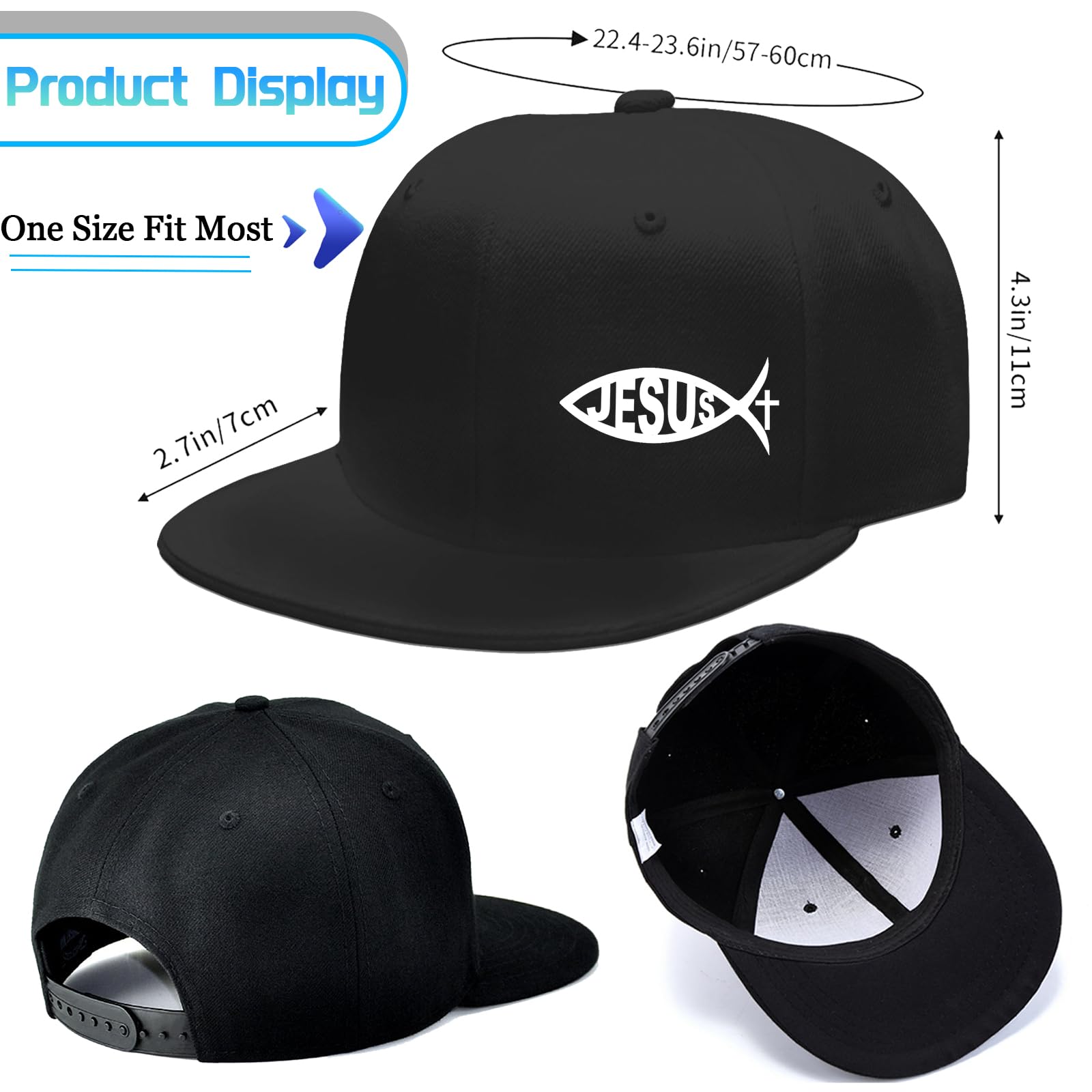 Christian Hat Snapback Hats for Men Flat Bill Brim Hats Jesus Fish Cross Hat for Men Fitted Black Baseball Cap for Mens Cool Hip Hop Adjustable Workout Trucker caps Mens Women Christ Gift Accessories
