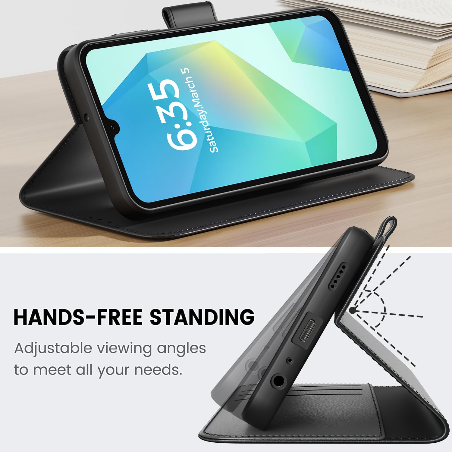 Peakally Etui kompatybilny z Samsung Galaxy A16 5G [z 1 sztuką pancernego szkła ochronnego] [skóra poliuretanowa premium] [blokada RFID] [kieszeń na karty] etui z klapką, Czarny