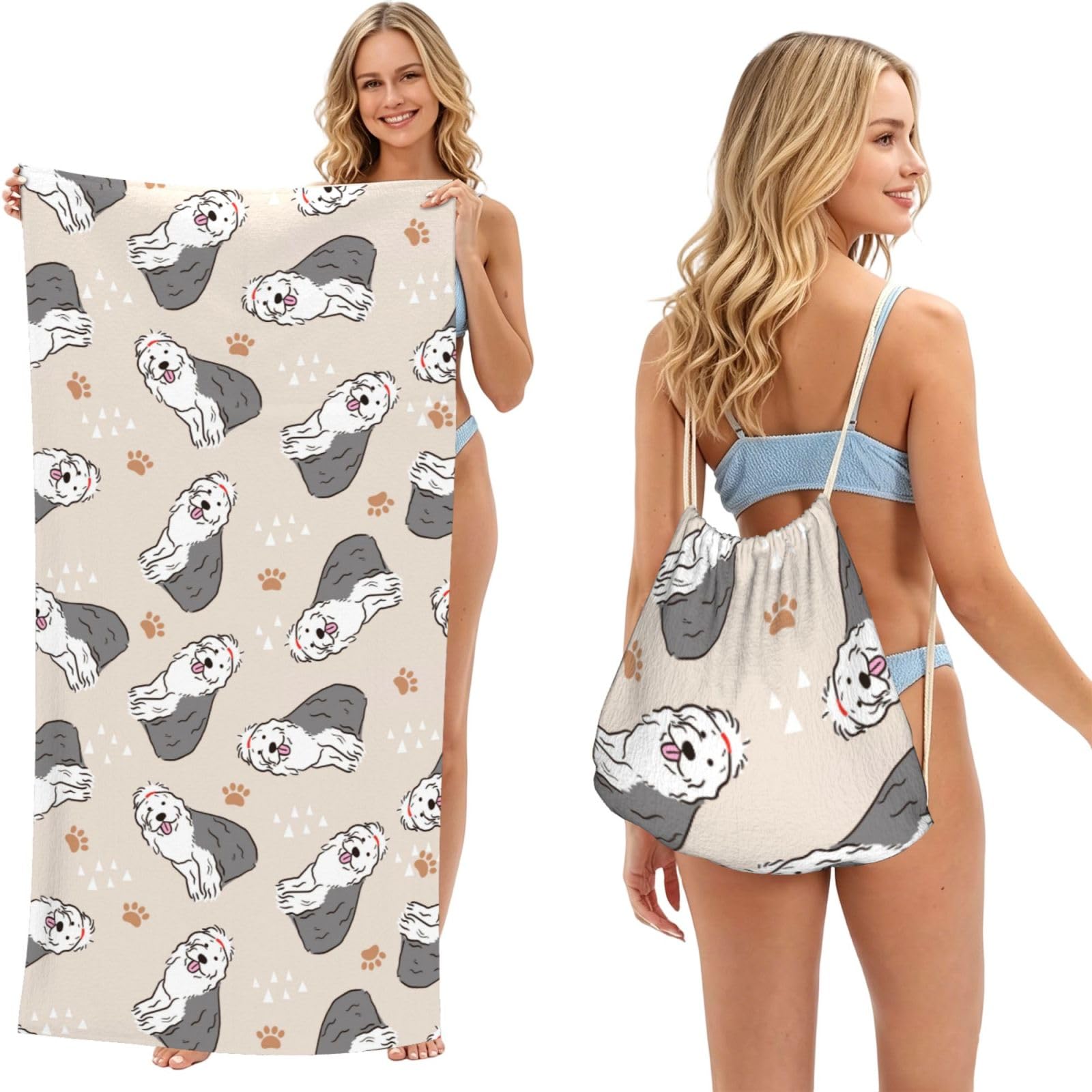 Poadnly As Picture Old English Sheepdog, 2 In 1 Packable Towel Bag, Beach Towels With Drawstring Backpack For Travel Holiday Camping