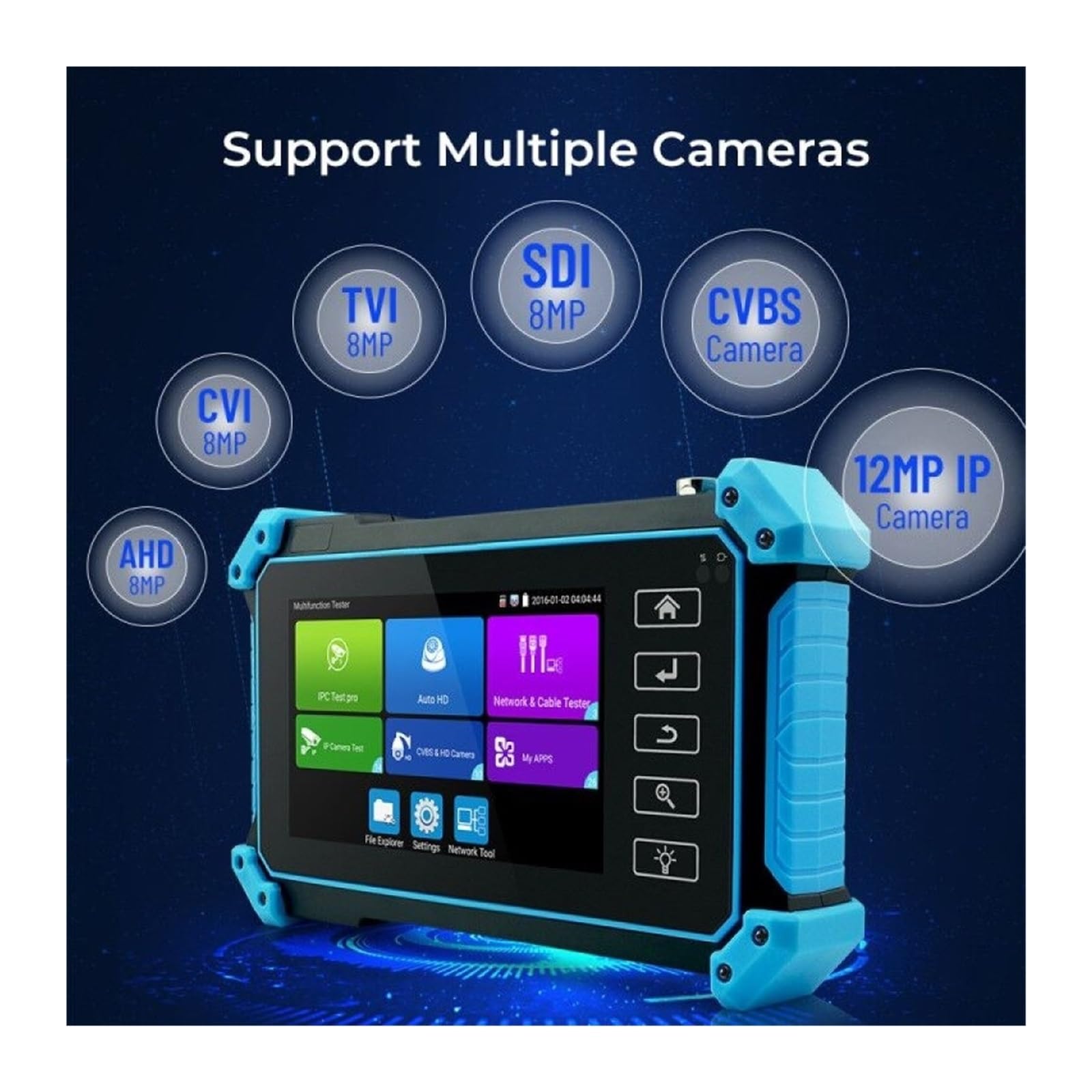 Tester per videocamera di sicurezza, Tester CCTV IP IPC5200 4K 8MP AHD CVI TVI SDI Telecamera Analogica Test H.265 Monitor CCTV Portatile Con Ingresso/uscita VGA(Blue 5200C Plus)