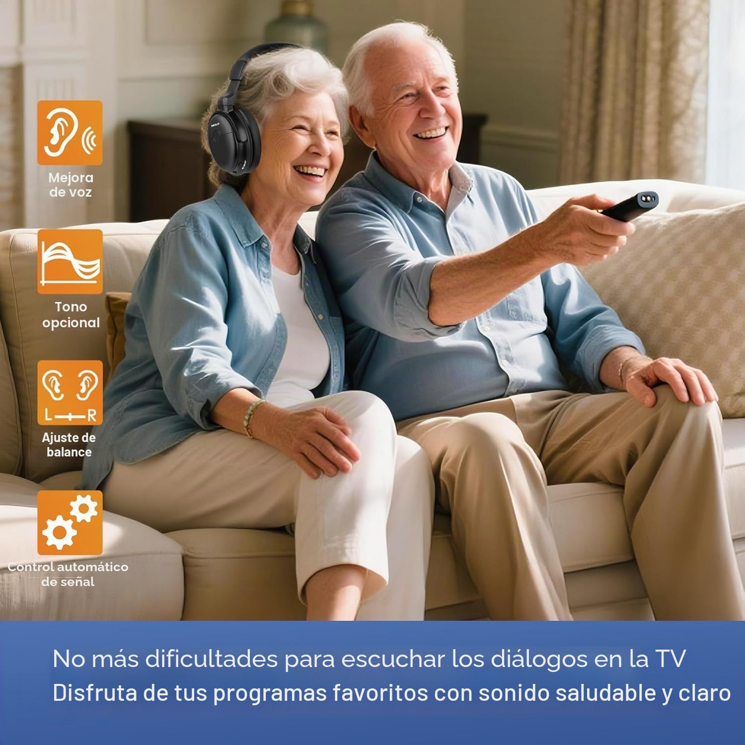 SIMOLIO 825D Auriculares Inalámbricos para TV con Voz Clara para Diálogos | Modo TV y BT, Modo Escucha & Batería Extra para Mayores, Control de Tono y Balanc, Sin Retraso, Conexión para Soundbar, 50M