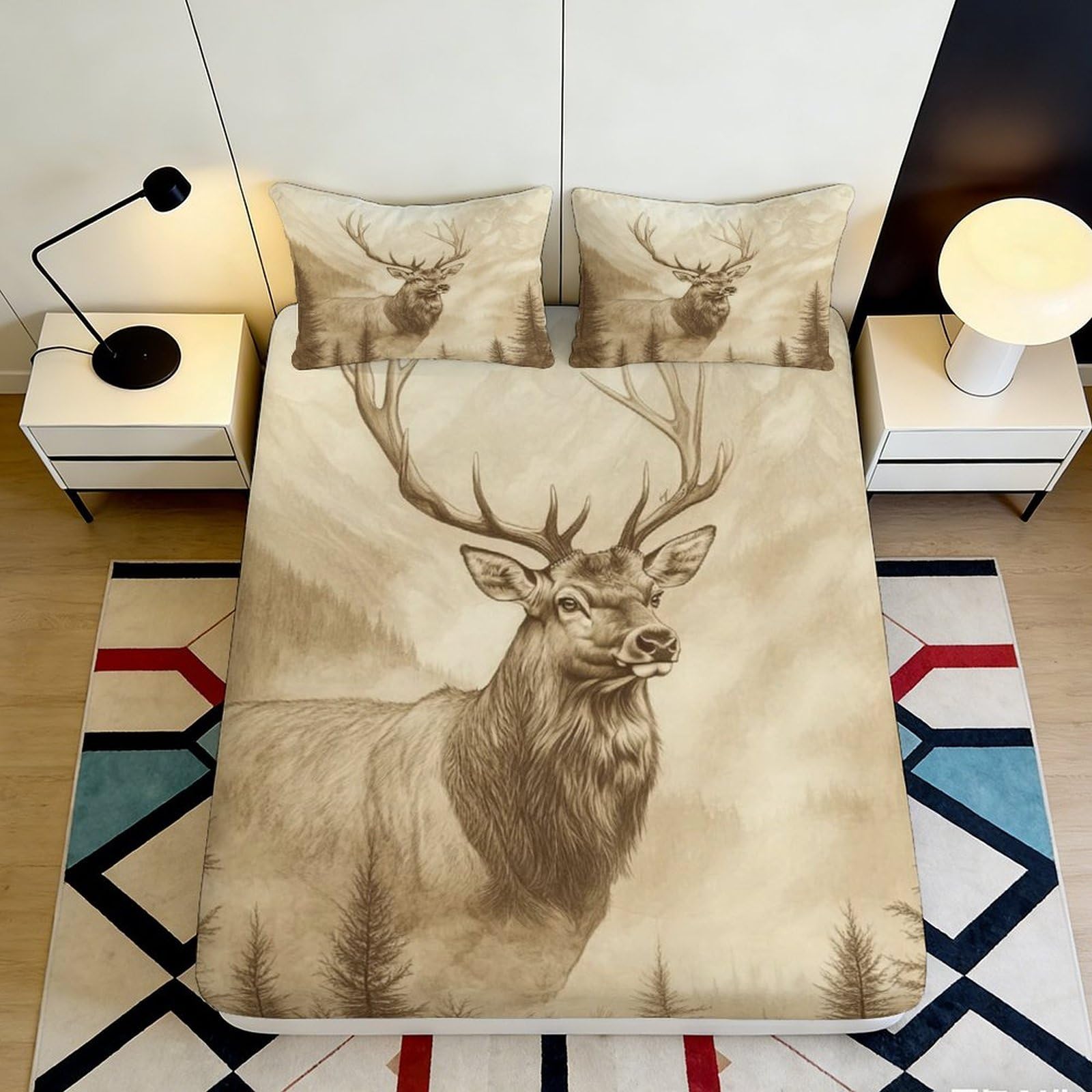 3D Printed Deer Forest Fitted Sheet Microfiber Soft Breathable Elk Mountain Mattress Cover for Bedroom Dorm Decor 120x200x25cm