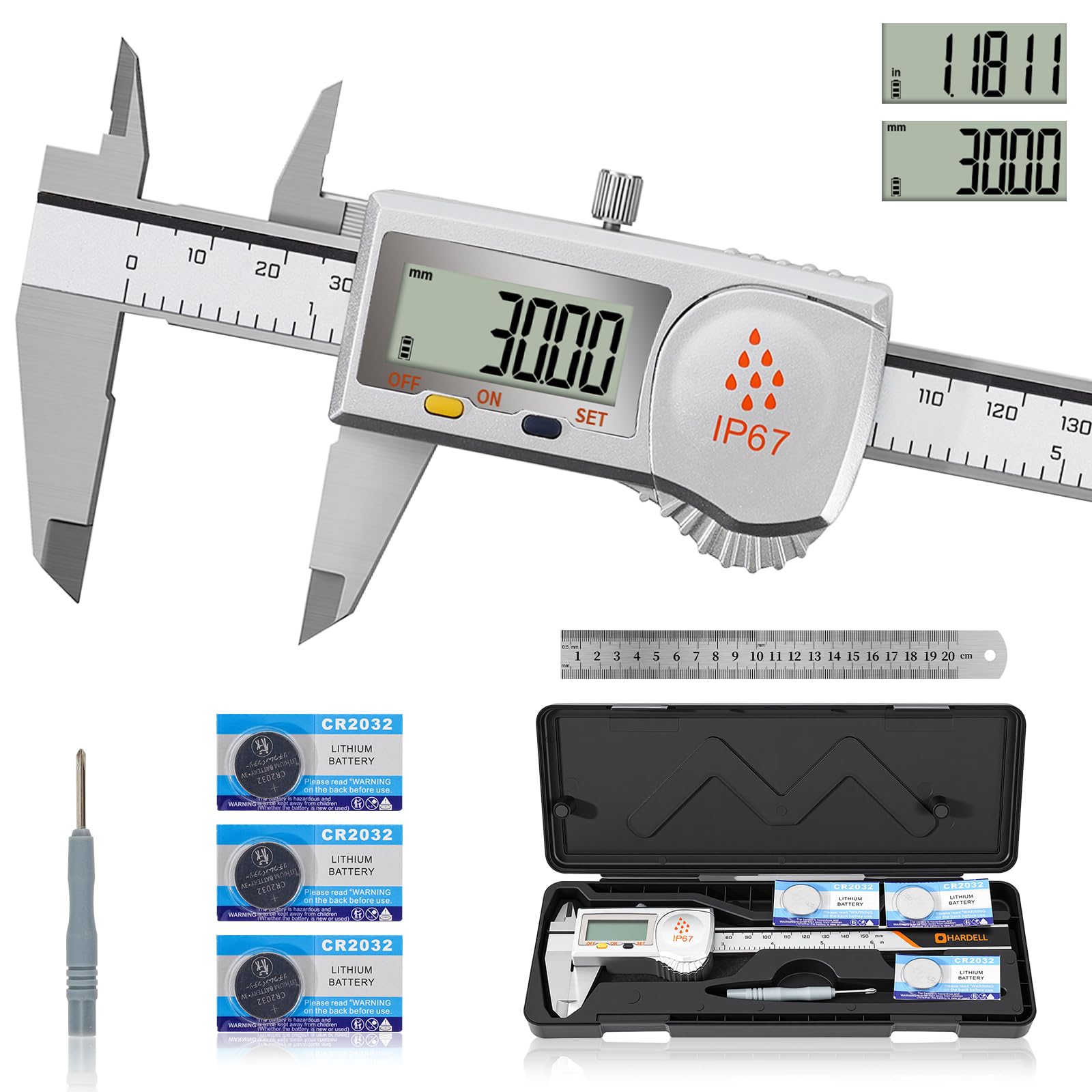 Digitaler Messschieber, IP67 Industrie-Messschieber mit Display, ABS, automatische Abschaltung, Zoll/mm-Umrechnung, Messwerkzeug aus Edelstahl für Wasser-/Kühlmittel-/Staubschutz