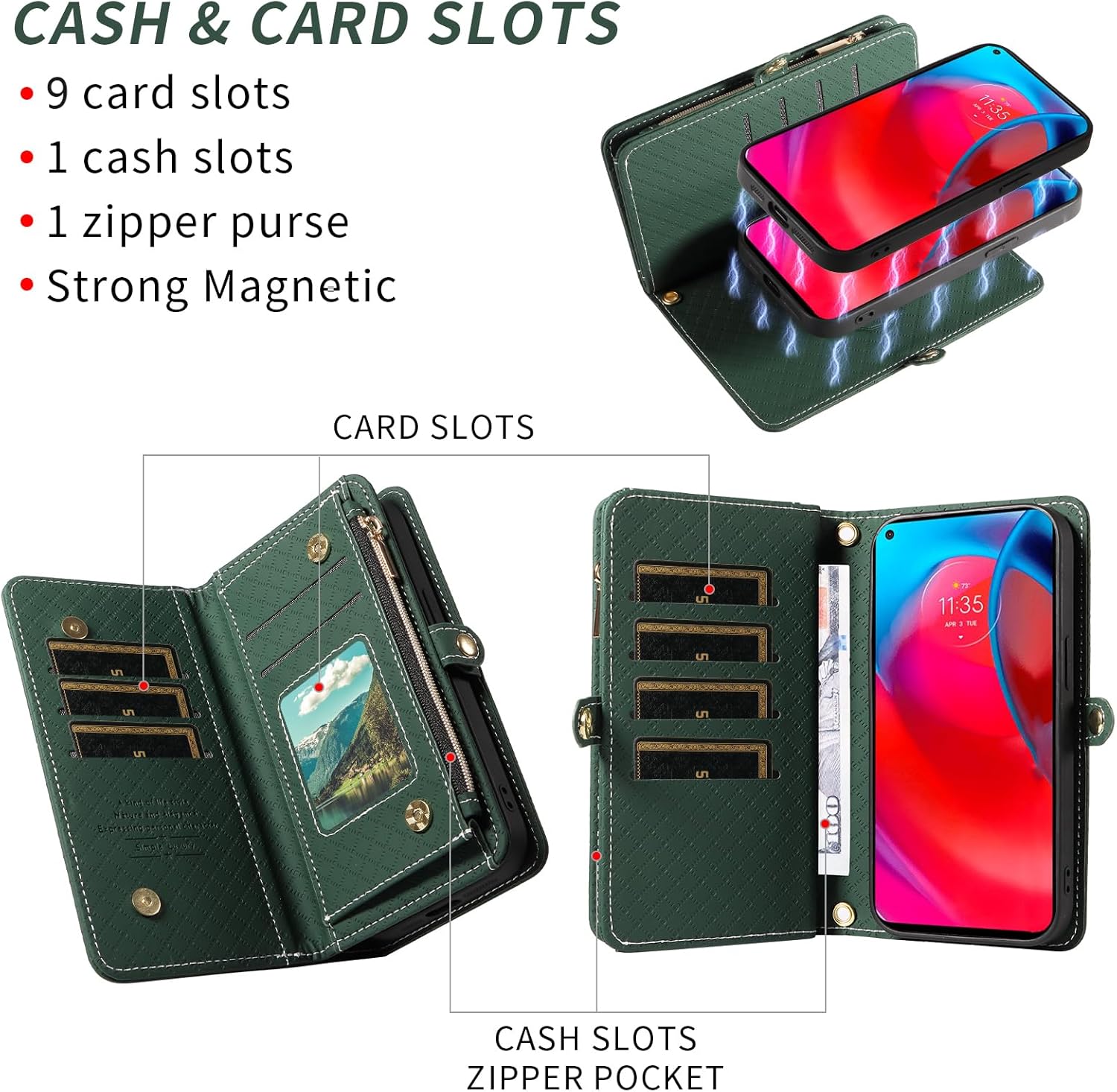 Asuwish Phone Case for Moto G Stylus 5G 2021 Zipper Wallet Detachable Cell Cover with Tempered Glass Screen Protector Crossbody Lanyard Strap Flip Card Holder Motorola GStylus G5 XT2131DL Women Green