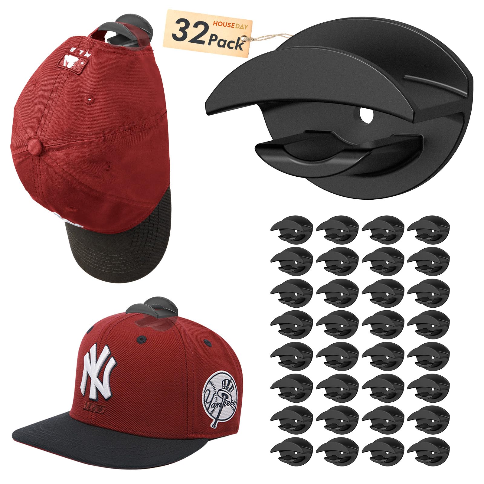 Crochets adhésifs pour chapeau HOUSE DAY lot de 32 supports noirs sans perçage pour casquettes