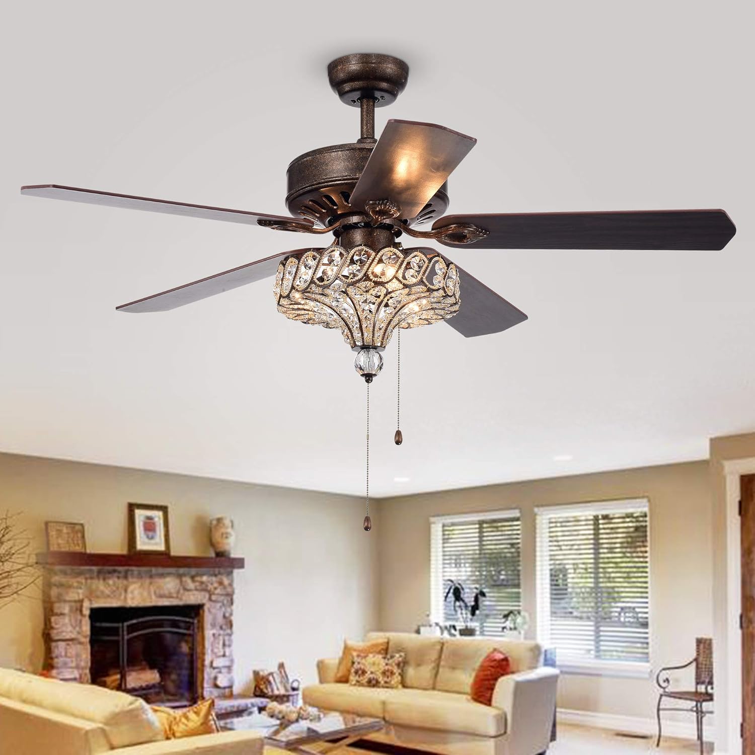 Warehouse of Tiffany Pilette 5-Blade Antique Speckled Bronze Lighted Ceiling Fan w Crystal Shade, Brown