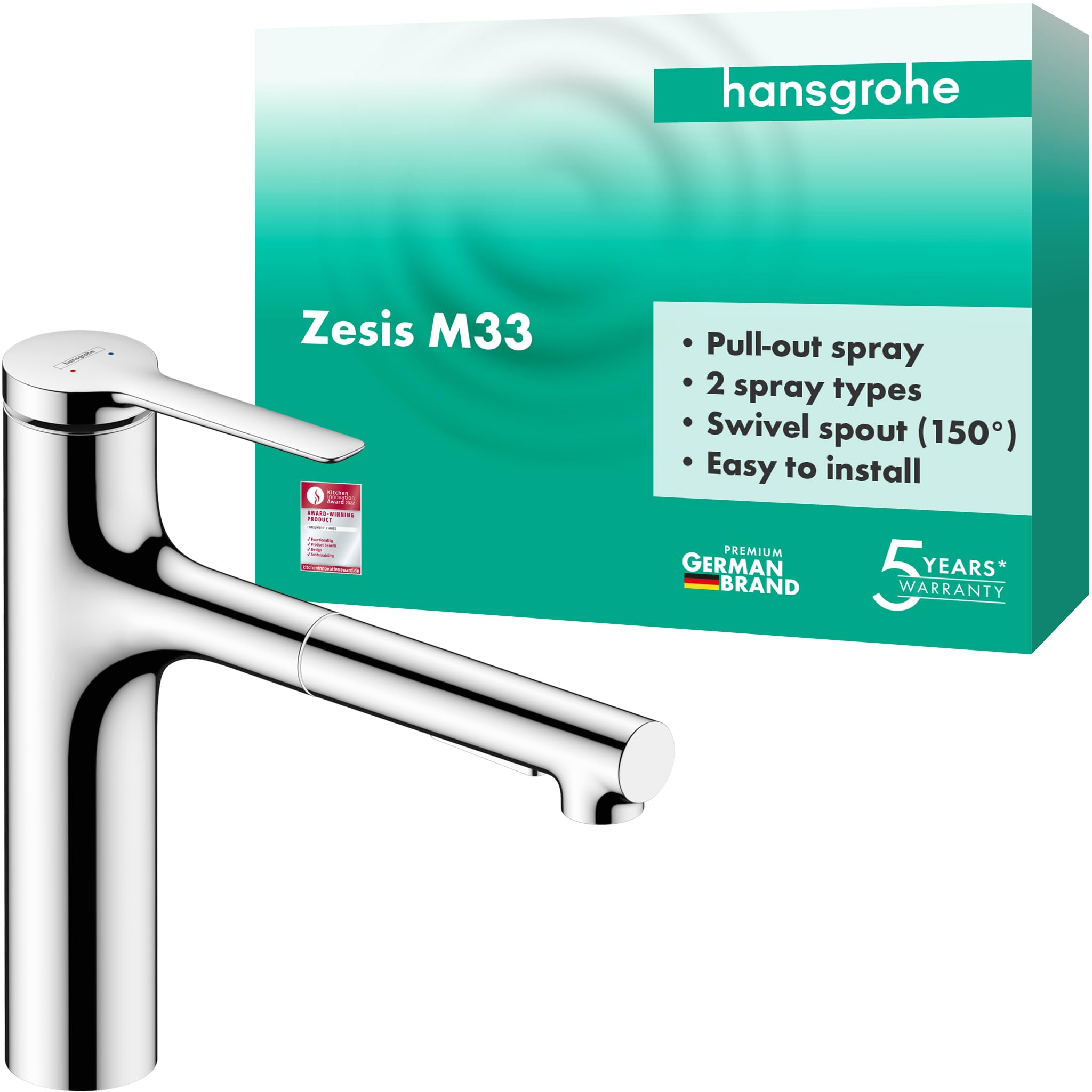 Hansgrohe Chrome Zesis M33 Kitchen Tap 160, Pull-Out Spray, 2 Sprays, 74801000