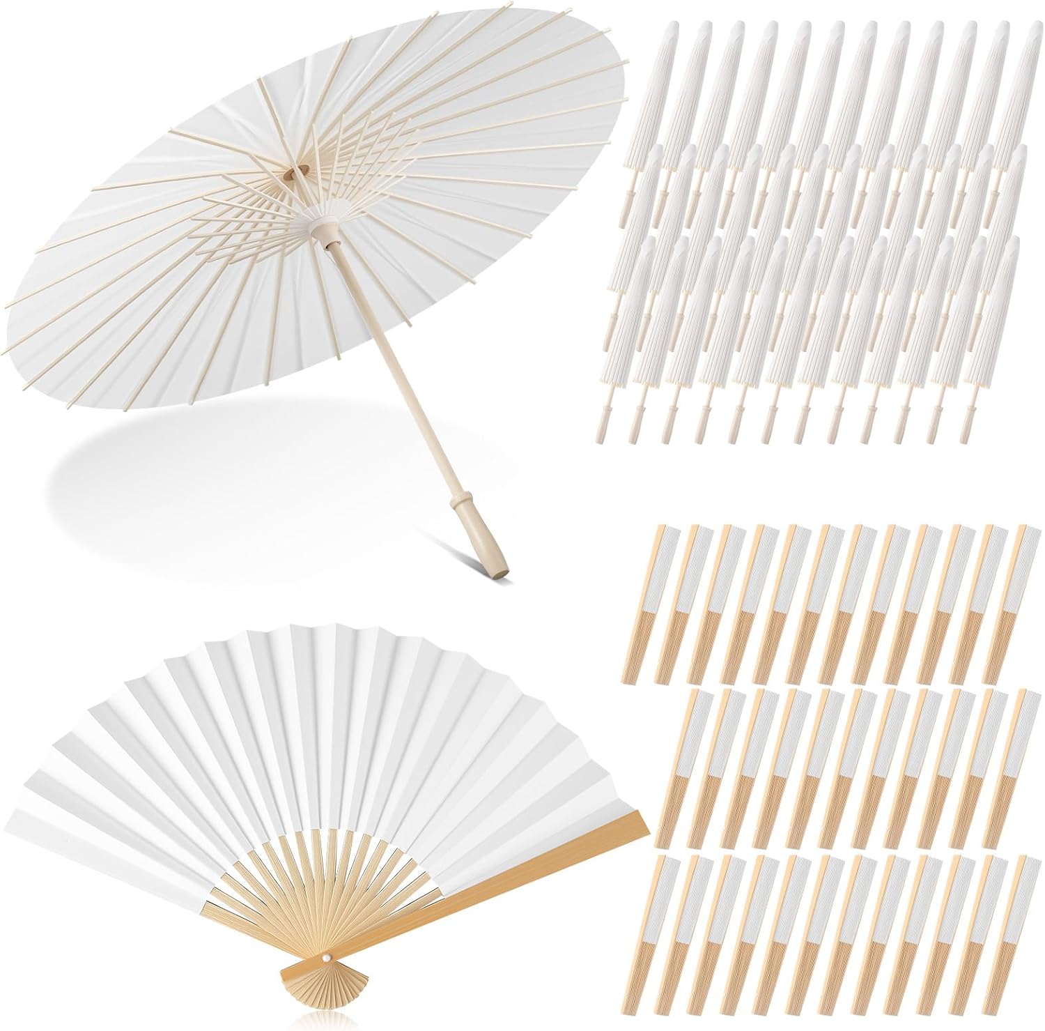 16/24/72/100 Pcs Wedding Paper Parasol Umbrella with Fans, Bamboo Parasol for Bridal Shower Garden Party Decor