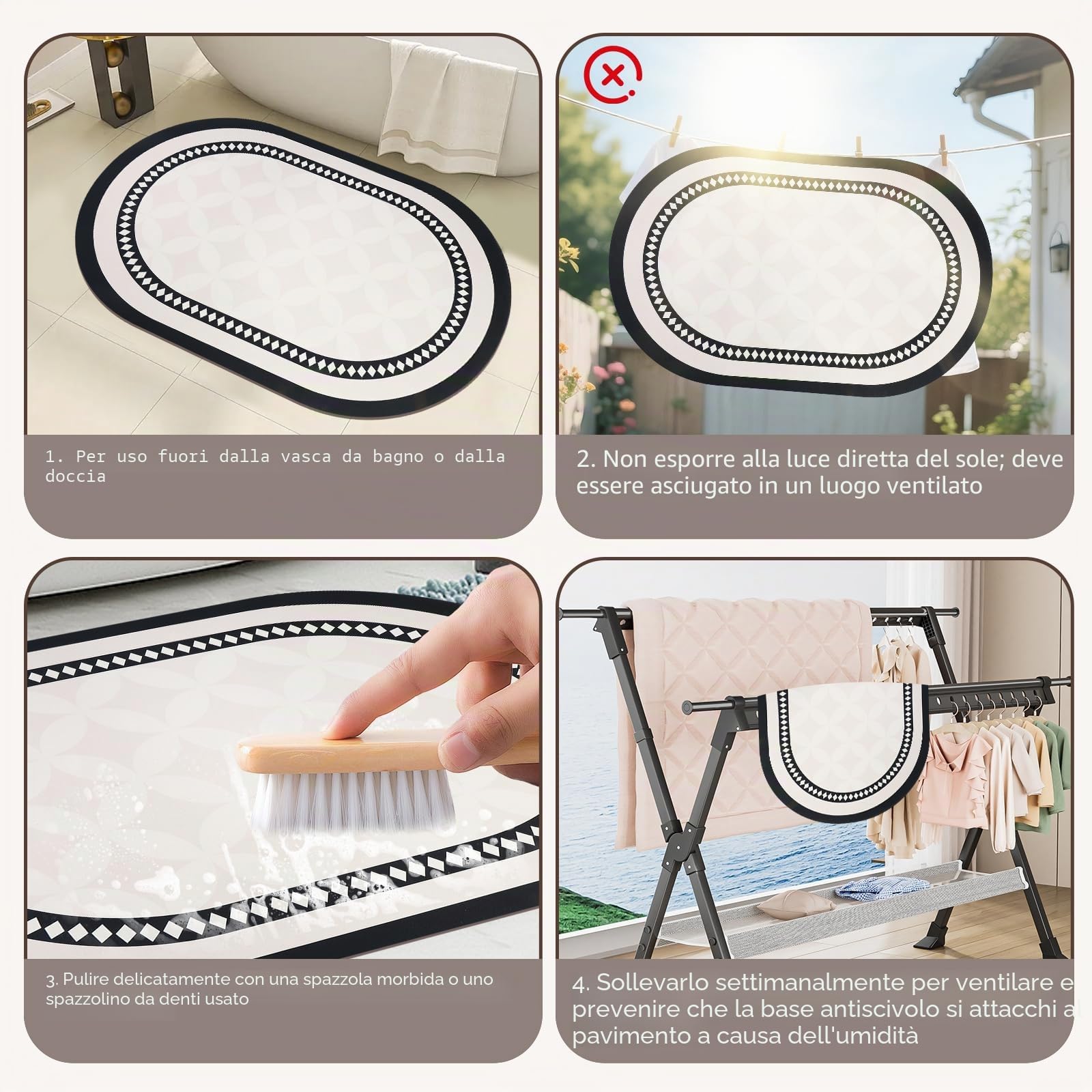 Tappetino da bagno antiscivolo e assorbente per diatomee, ovale, con motivo geometrico in bianco e nero