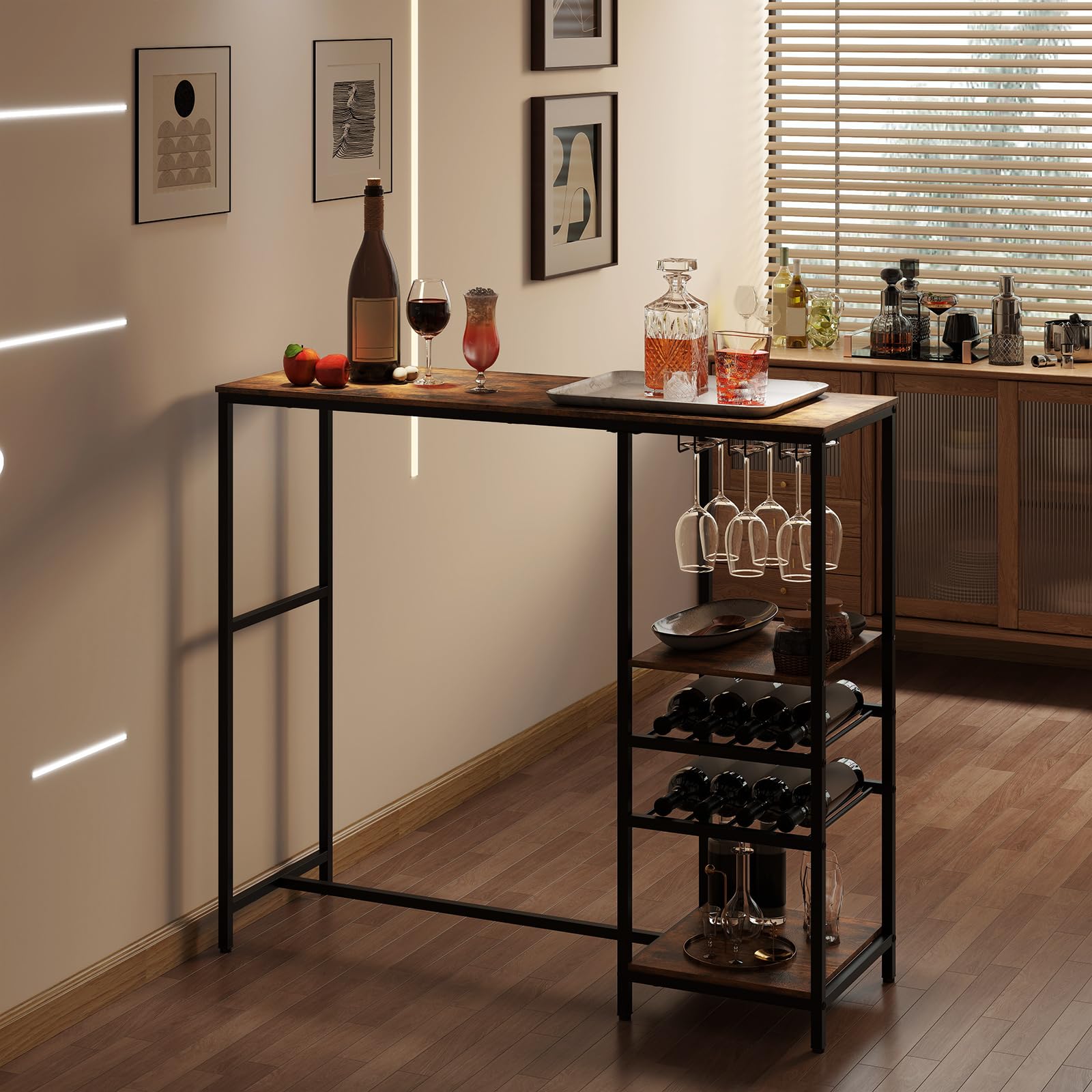 LIFEZEAL Mesa de Bar de 5 Niveles, Mesa Alta Cocina con Amplia Superficie， Mueble de Almacenamiento con Estantes Abiertos y 2 Portavasos Debajo de la Bandeja, Estructura de Metal Sólida