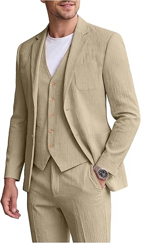 Autrl Men's Suits 3 Piece Casual Suits Slim Fit Champagne Suit for Men Seersucke
