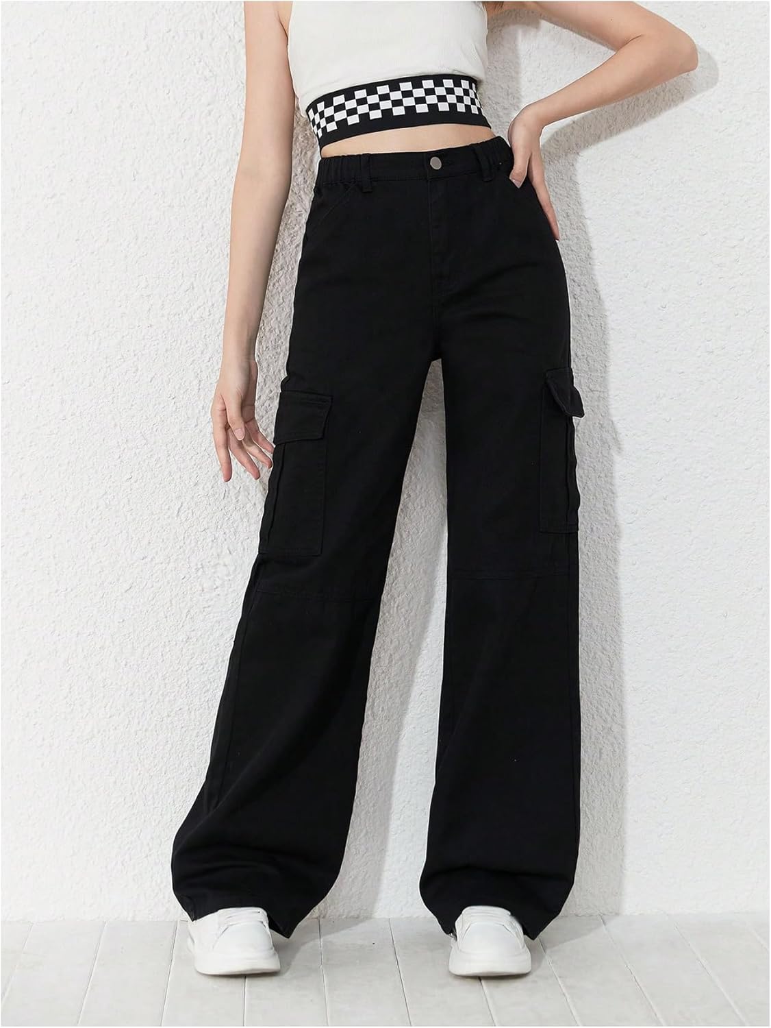 WDIRARA Girl's Flap Pocket Side High Waist Straight Leg Cargo Long Jeans Denim Pants