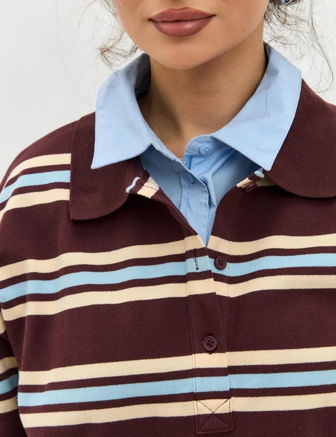 Perbai Women's Rugby Striped Polo Shirt Casual Collared V Neck Button Long Sleeve Y2k Sweatshirt 90s Streetwear - Image 2