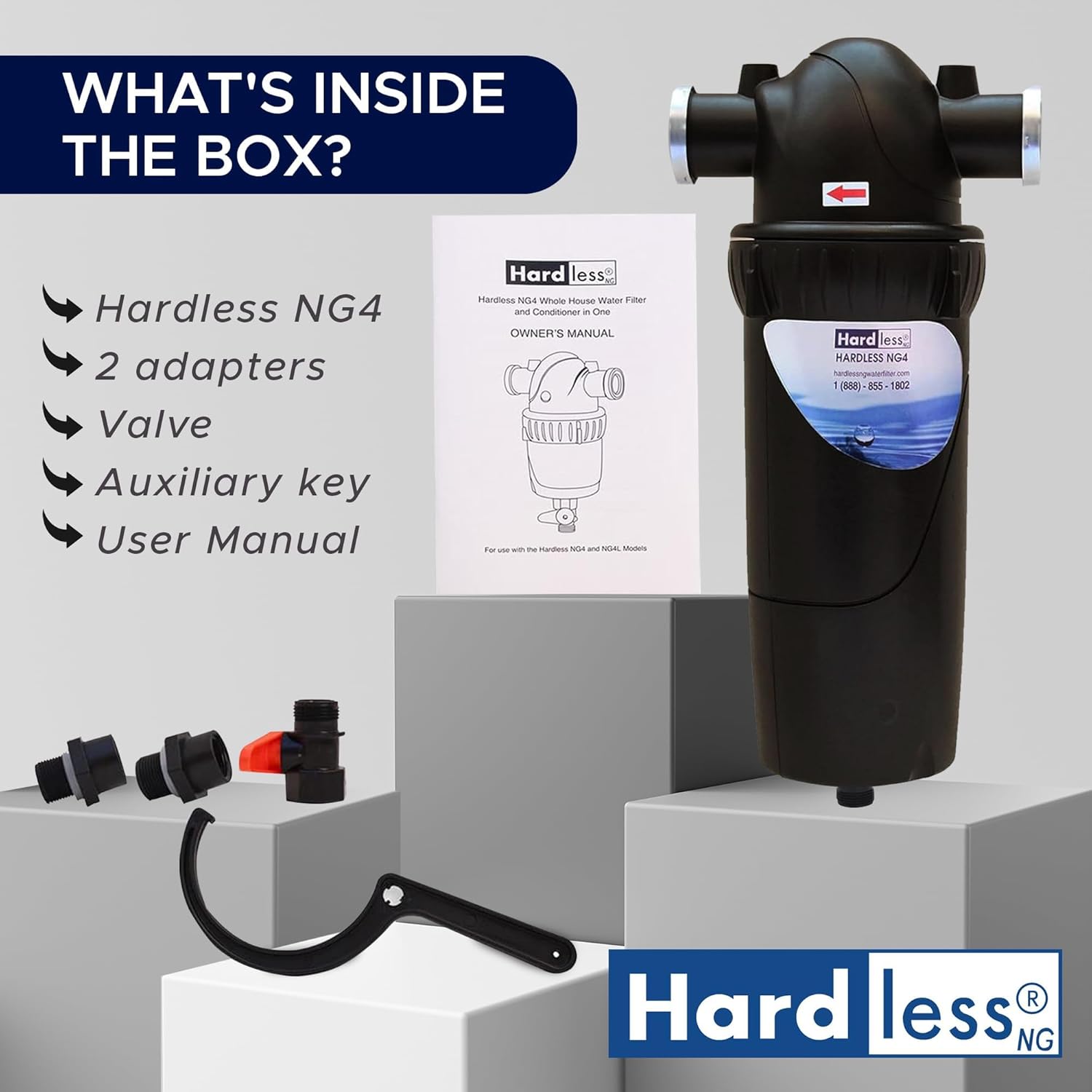 Hardless NG4L Whole House Water Filter & Under The Sink Water Filter - Salt-Free Softening, Comes w/ 3/4" Inlet/Outlet, Maintains Essential Minerals, Reduces Chlorine & Sediment, Easy Installation
