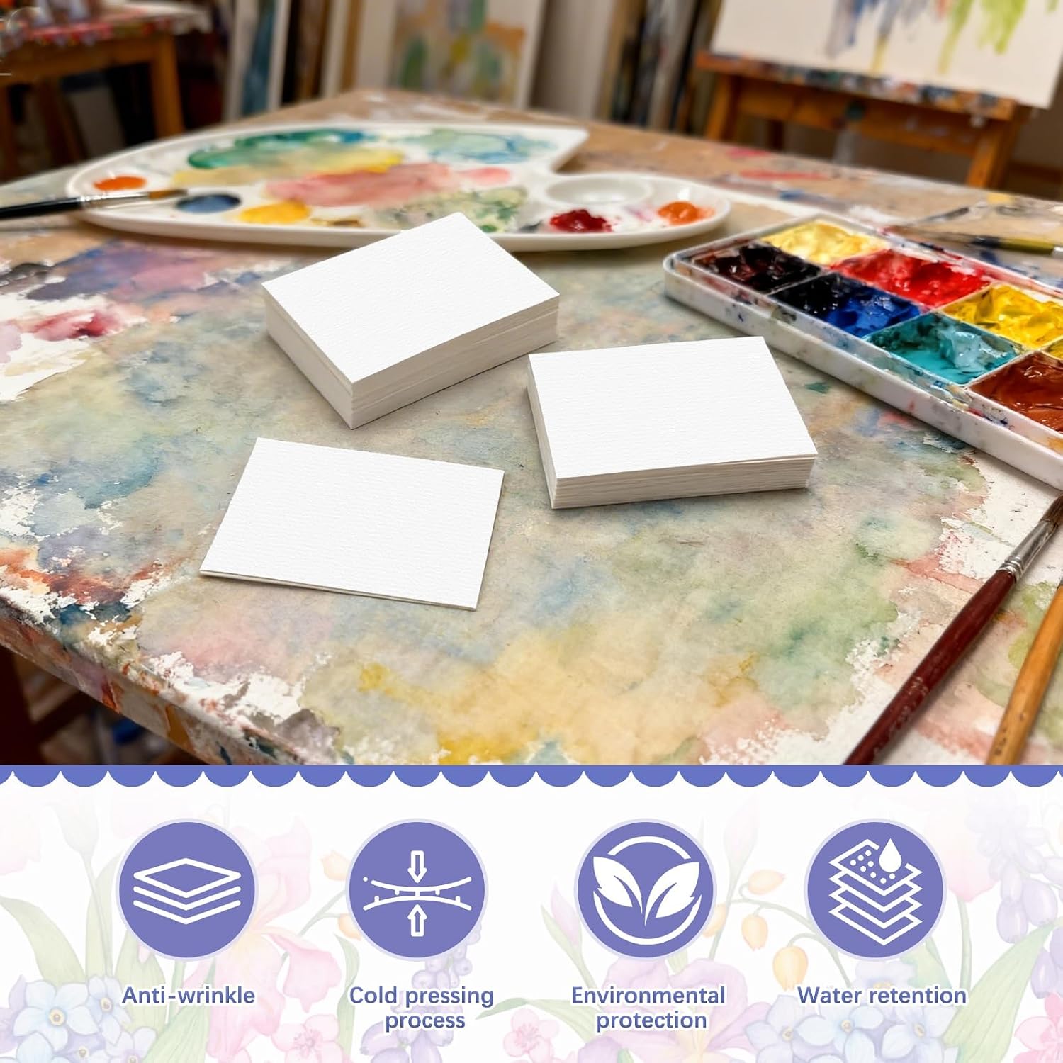 120Pcs 300GSM Natural Cotton Watercolor Paper, 2.5x3.5 Inch Cold Press Artist Paper for Students Artists Painting Drawing