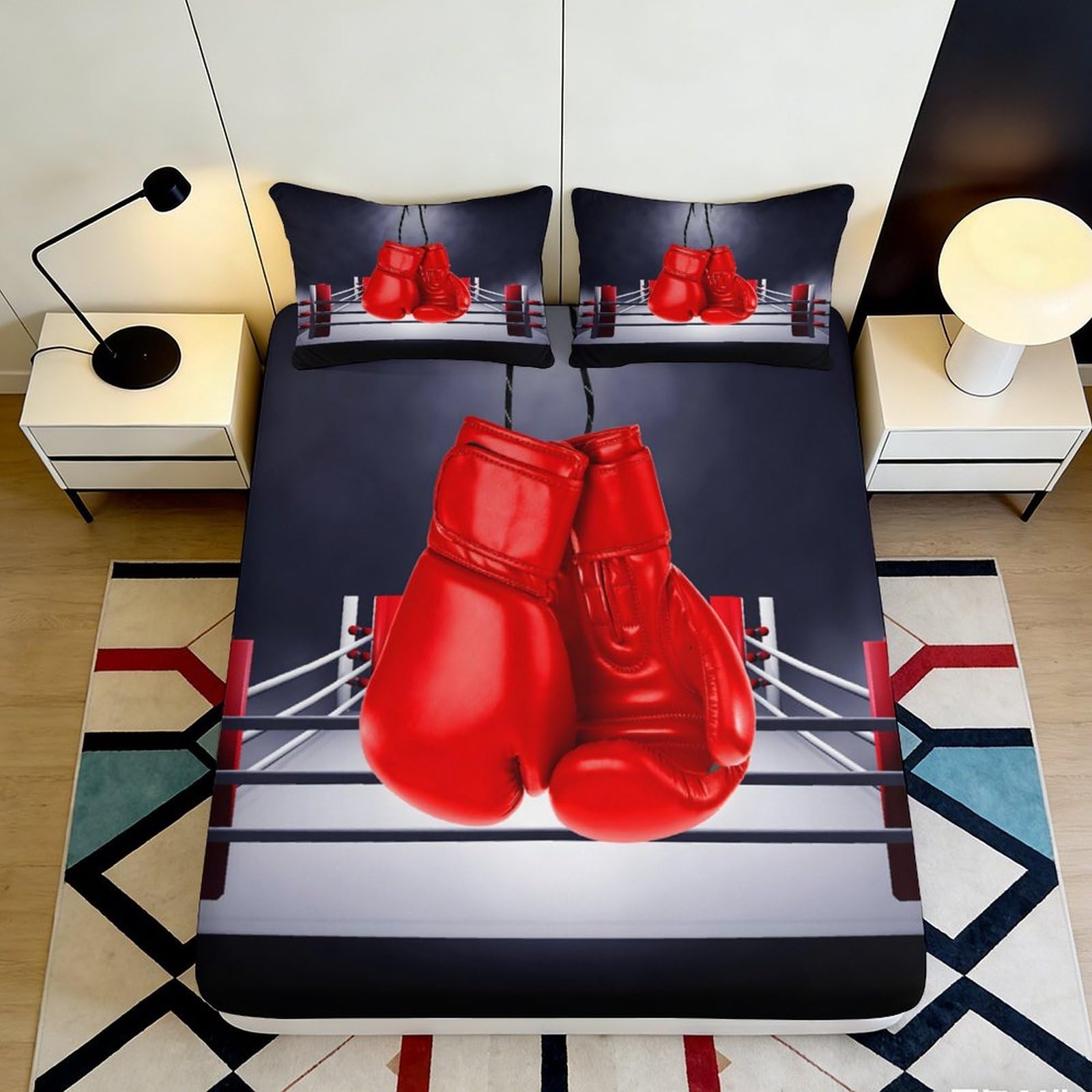 3D Printed Boxing Gloves Fitted Sheet Microfiber Deep Pocket Elastic Non-Slip Home Bedding Boxing Pattern Mattress Fitted Cover Washable 140x200x25cm