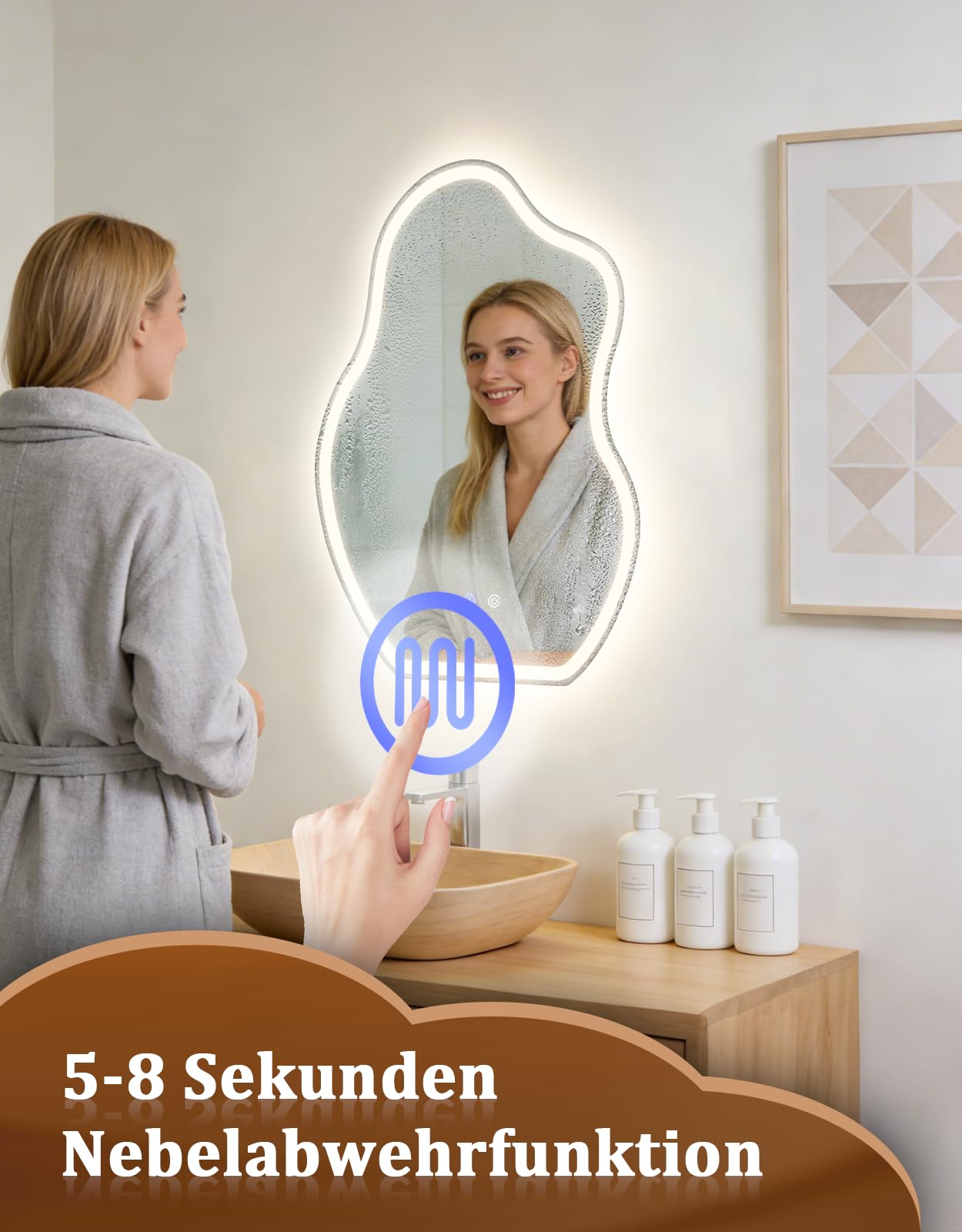Asymmetrisch Badspiegel Mit Beleuchtung,50x70cm LED Bad Wandspiegel | Badezimmer Wandspiegel Mit Licht, IP44 50x70 cm Asymmetrischer Organischer Groß Gäste WC Badezimmerspiegel Mit Beleuchtet