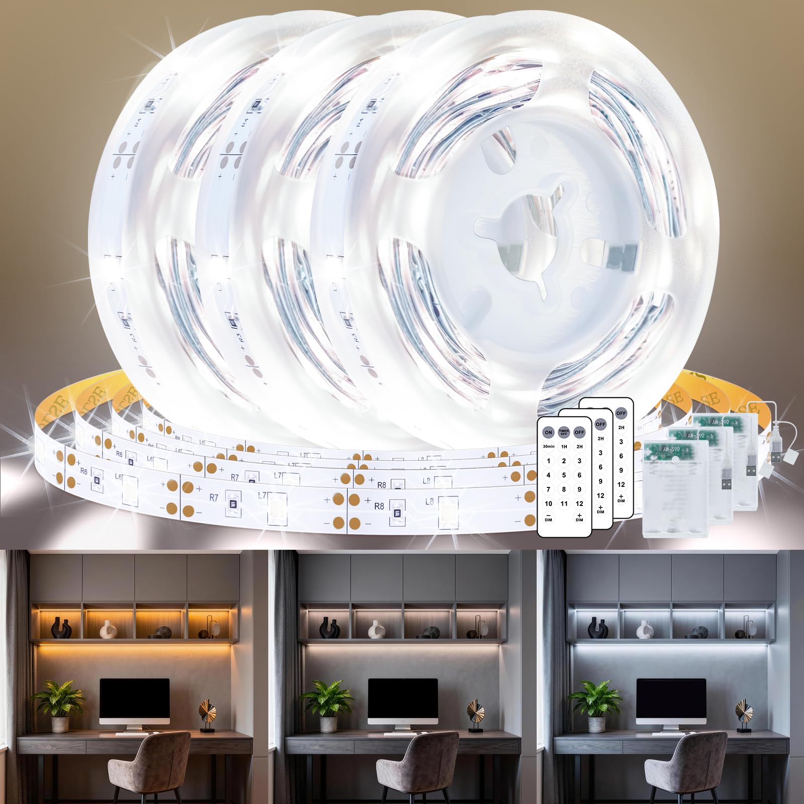 StarryEver 3 Pack 6.6FT LED Strip Lights Battery & USB Powered, Cold White and Warm White LED Strip Lights, Flexible and Cuttable Cabinet Light, Strip Light with Remote for Shelves Closet Kitchen