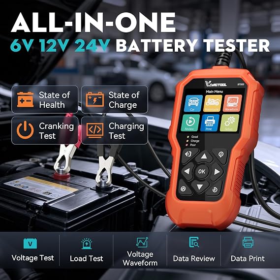 Car Battery Tester 6V 12V 24V VDIAGTOOL BT500, 5-3000 CCA Battery Load Tester, Starter Alternator Tester Automotive Charging Cranking System Analyzer for Car Truck Motorcycle SUV ATV Boat