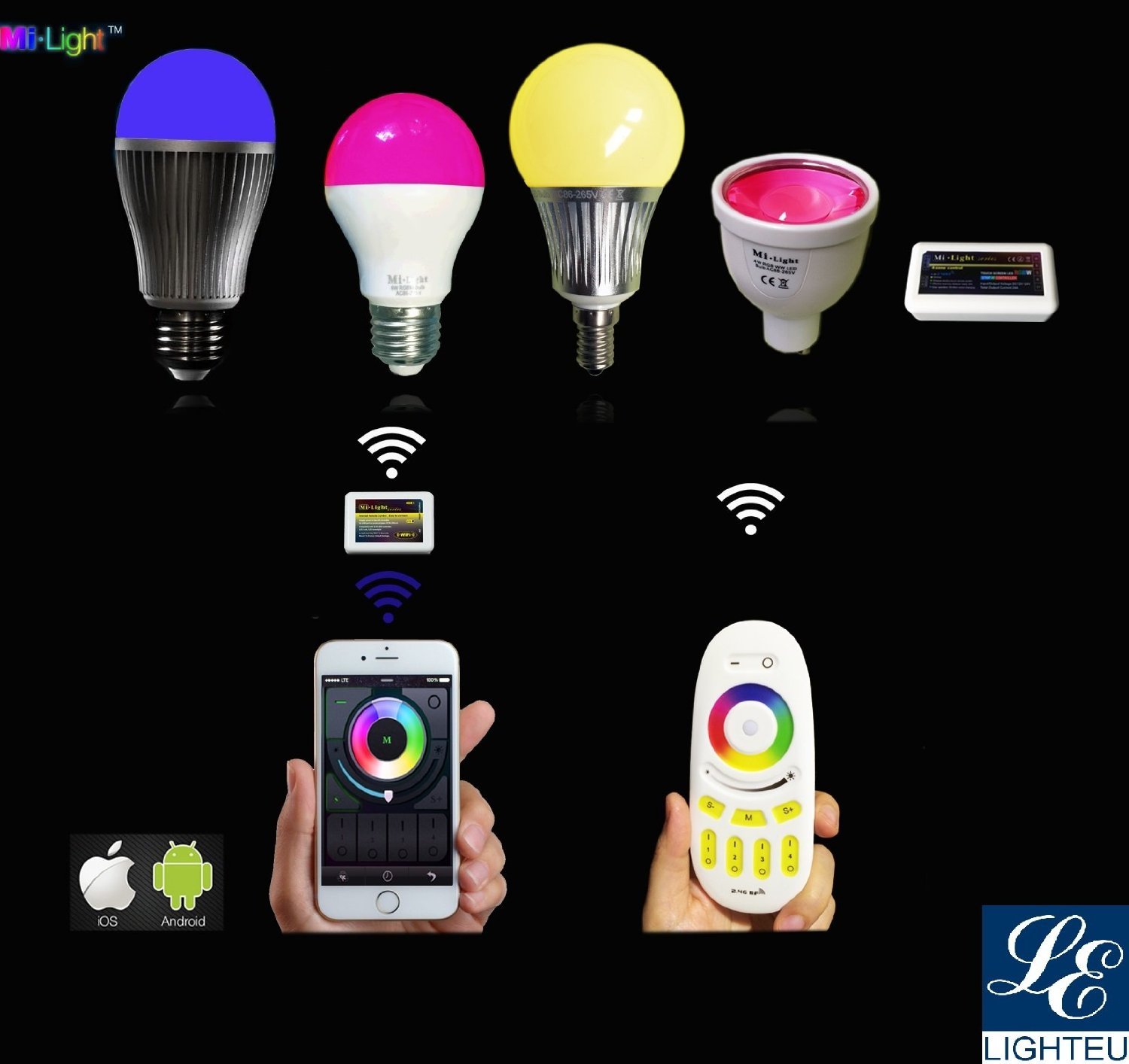 lighteu®, 4x WLAN LED Lampe original MILIGHT Color RGB- Warm Weiß, 6 Watt, E27, dimmbar, mit 4 zone Fernbedienung, Farbwechsel Glühbirne, inkl. Wlan Controller steuerbar über IPhone/Android App