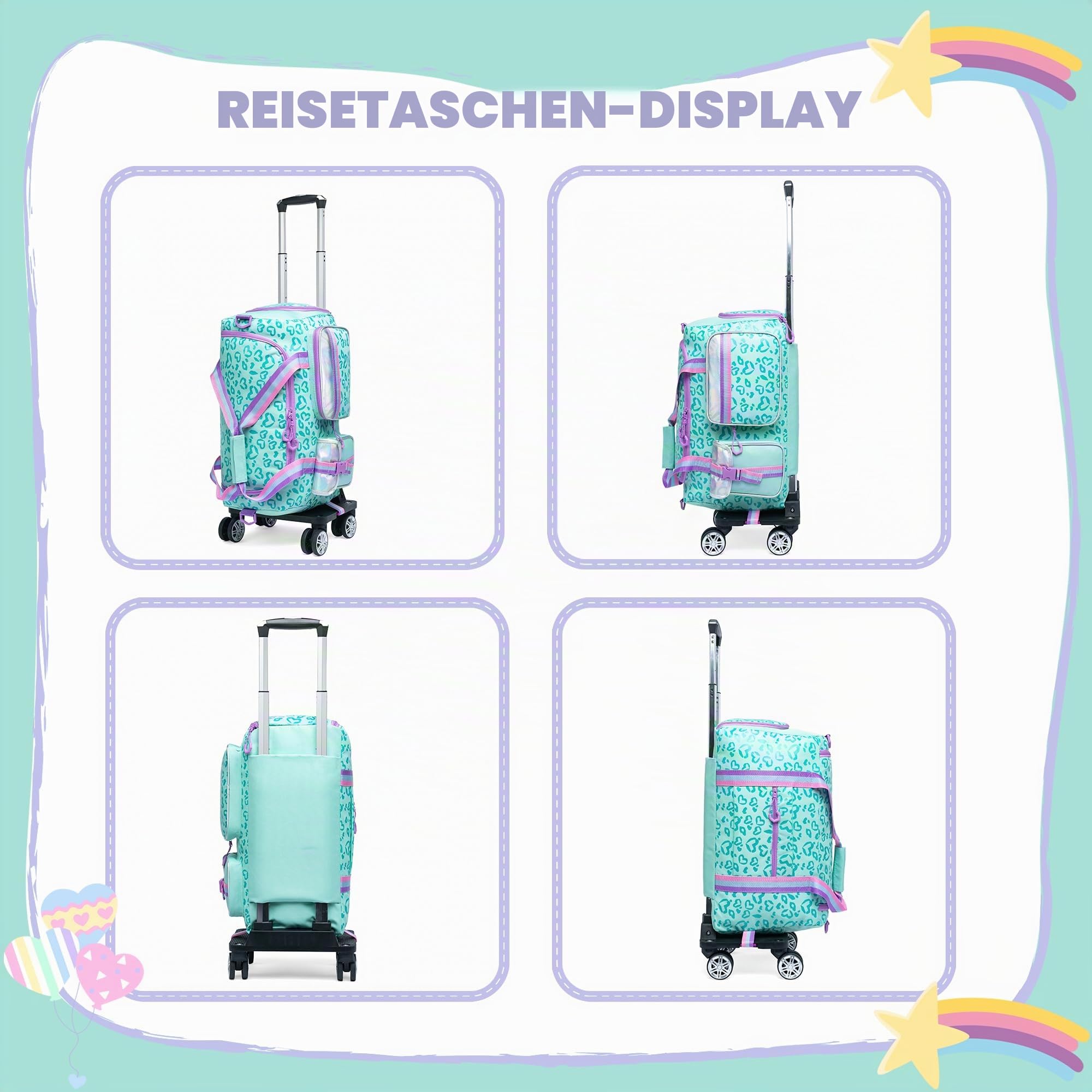 Reisetasche mit Rollen für Kinder, Rolltasche mit Rollen und Griff, mit Make-up-Tasche, Reise-Kulturbeutel, Grün/Love