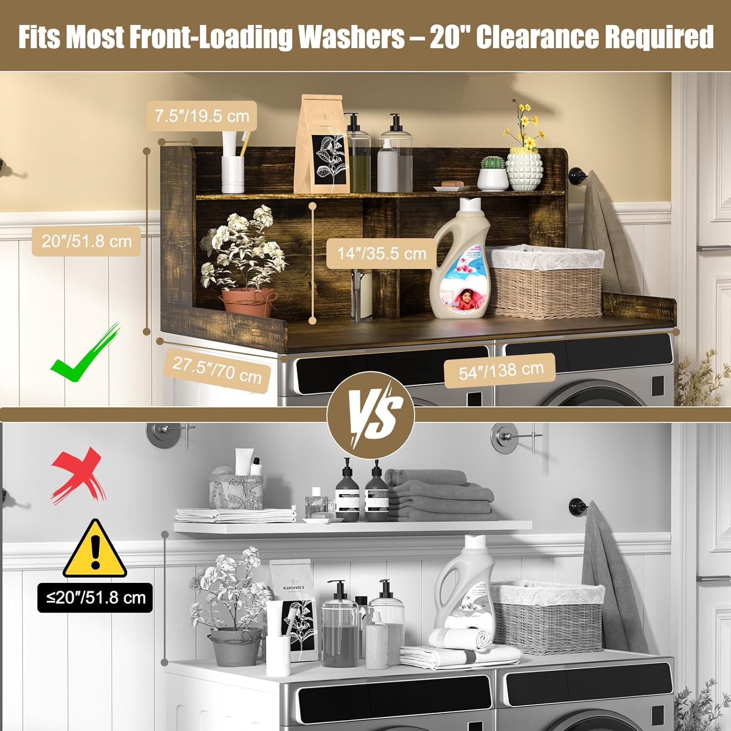 2-Tier Washer Dryer Countertop, Washer and Dryer Countertop with Shelf 54" W X 27.5" D Laundry Countertop Over Washer and Dryer 20" H Guard with Non-Slip Pads Large Space for Folding Clothes Rustic