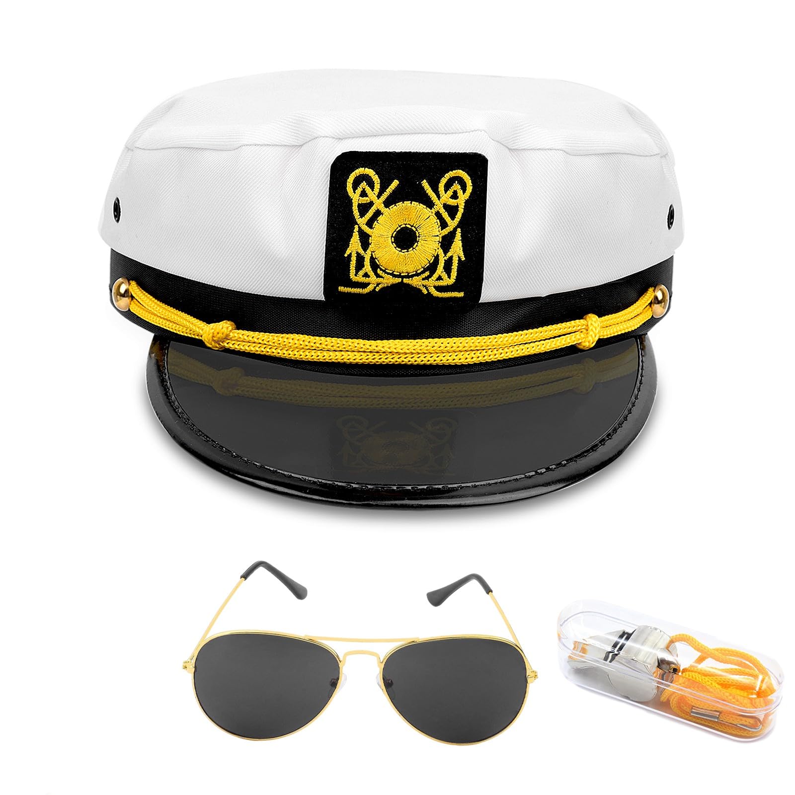 shengoYacht Captain Hat, Sailors Hat Sailor Costume Accessories, Sailors Hat Aviator Sunglasses Whistles Adult Party Hats Navy Hat Captain Costume Sailors Outfit for Men