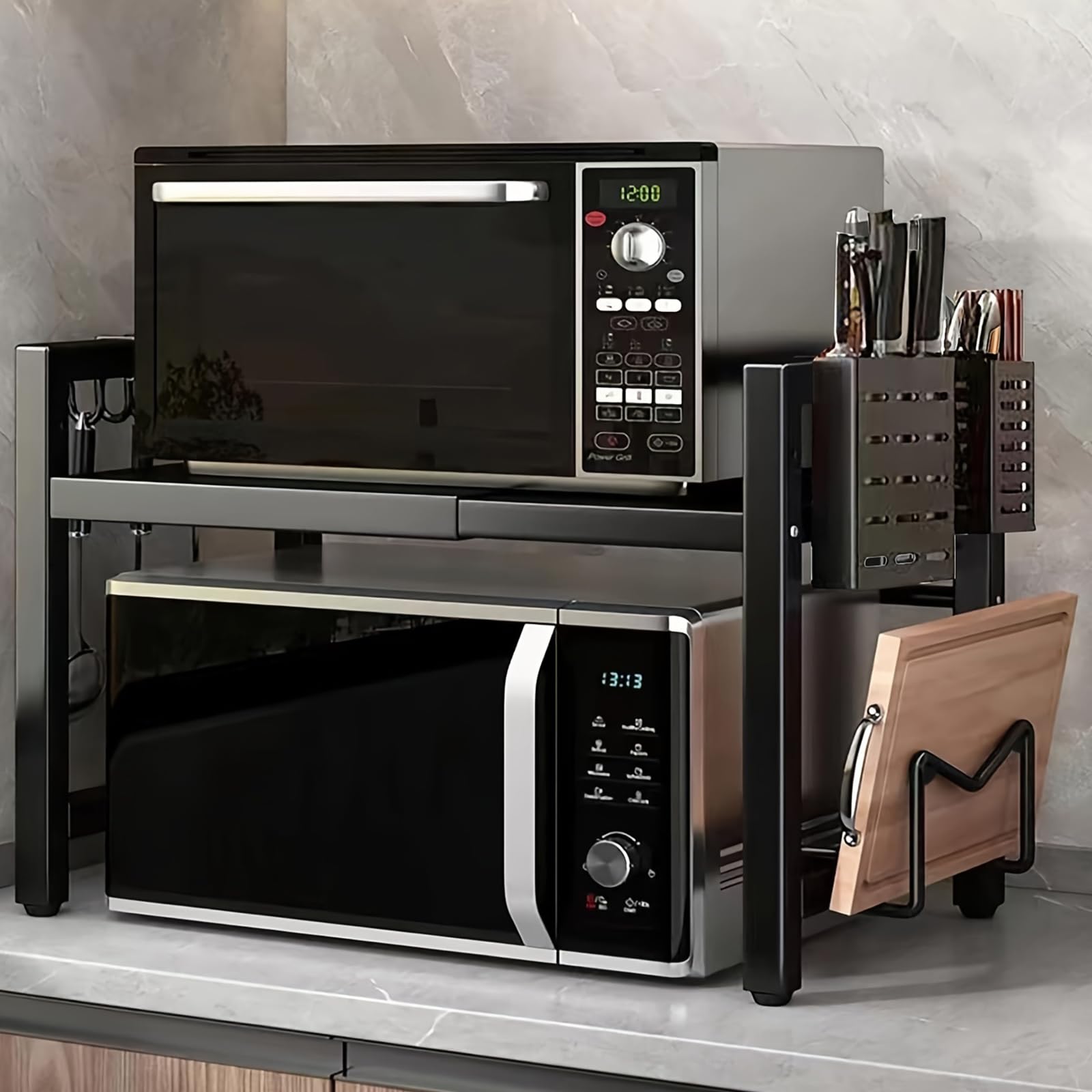 Scaffale per microonde, supporto da cucina espandibile con porta accessori, ripiano telescopico in acciaio al carbonio, nero, organizer per microonde e utensili da cucina, ideale per cucine