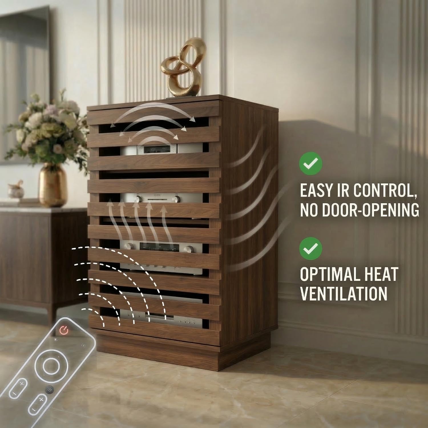 Modern Slatted Audio Component Cabinet, 4-Tier Stereo Equipment Rack Media Stand with Ventilated Door & Cable Management, Rustic Brown 35.4" Tall