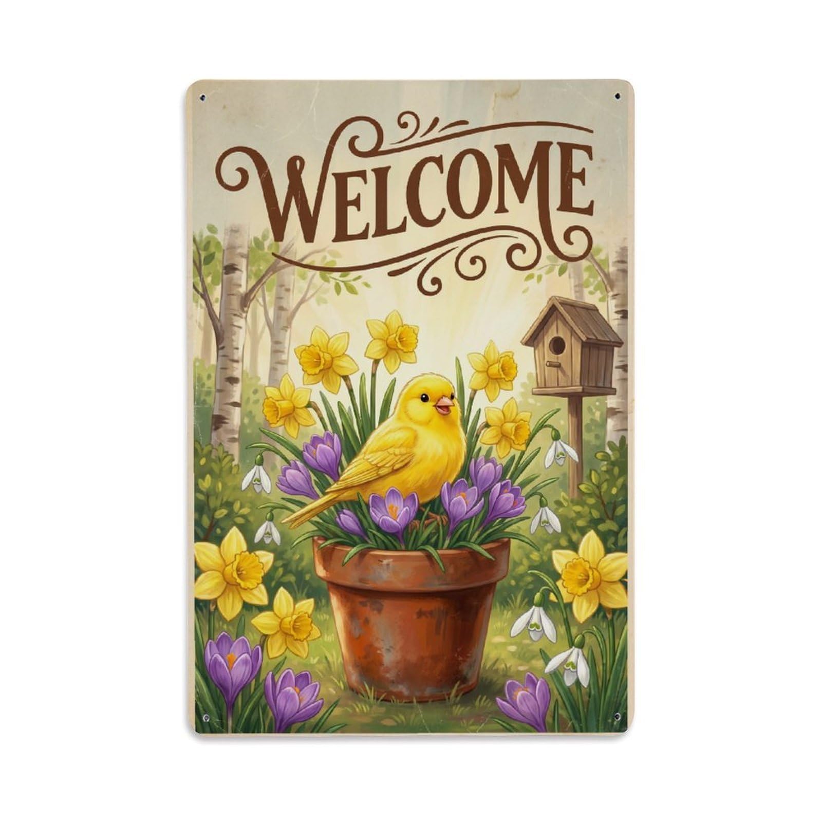 Vintage Welcome Canary Woodland Friends Metal Tin Sign