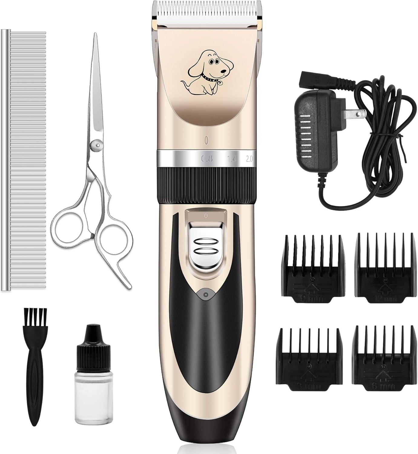 Maxshop Dog Grooming Kit, Low Noise Rechargeable Dogs Shaver Clippers Electric Quiet Dog Hair Trimmer for Dogs and Cats with Comb Guides Scissors Nail Kits (Gold-1)