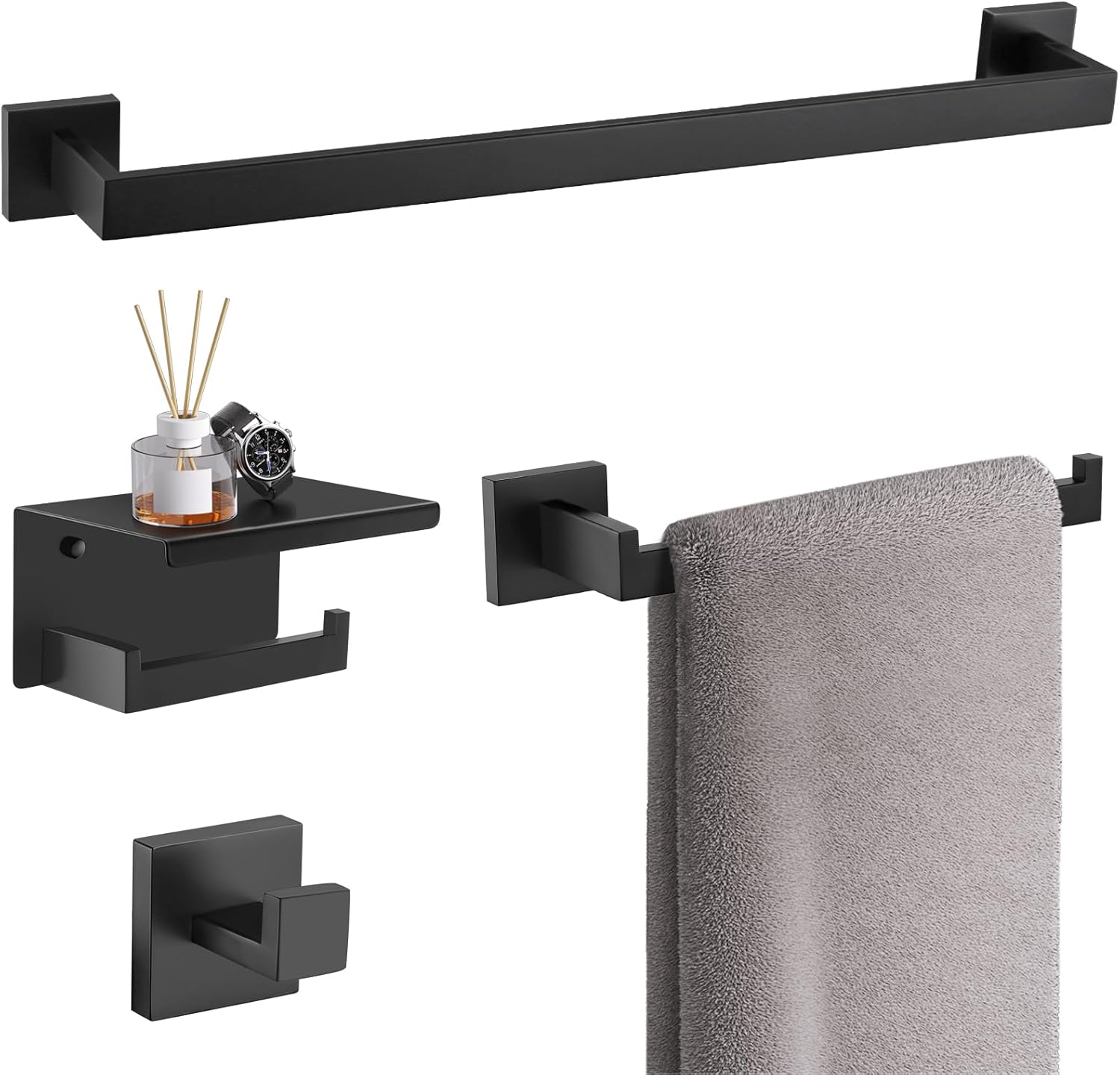 TURS Bathroom Hardware Set Black 4-Piece Towel Bar Set Include 24 Inch Towel Bar Hand Towel Holder Towel Hook Toilet Paper Holder with Shelf Wall Mounted Stainless Steel Bathroom Accessories Set