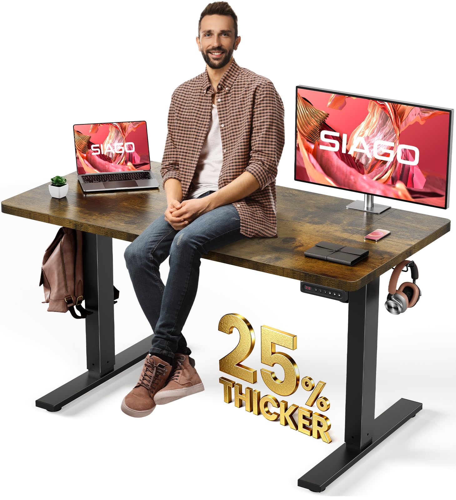 SIAGO Electric Standing Desk Adjustable - 48 x 24 Inch Sit Stand up Desk with Cable Management - 3 Memory Preset Adjustable Height Table