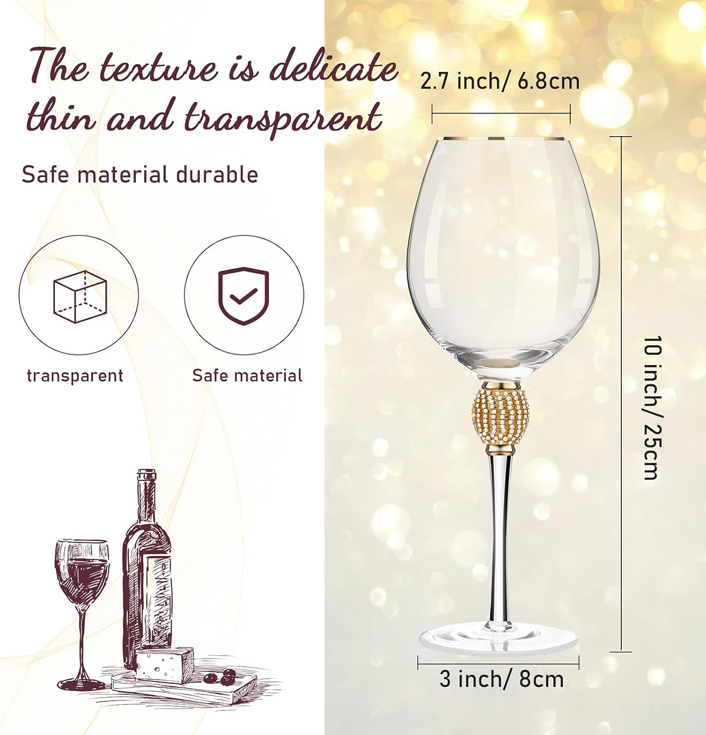 2 Pieces Rhinestone Red Wine Glass with Rim Tulip Shaped Diamond Wine