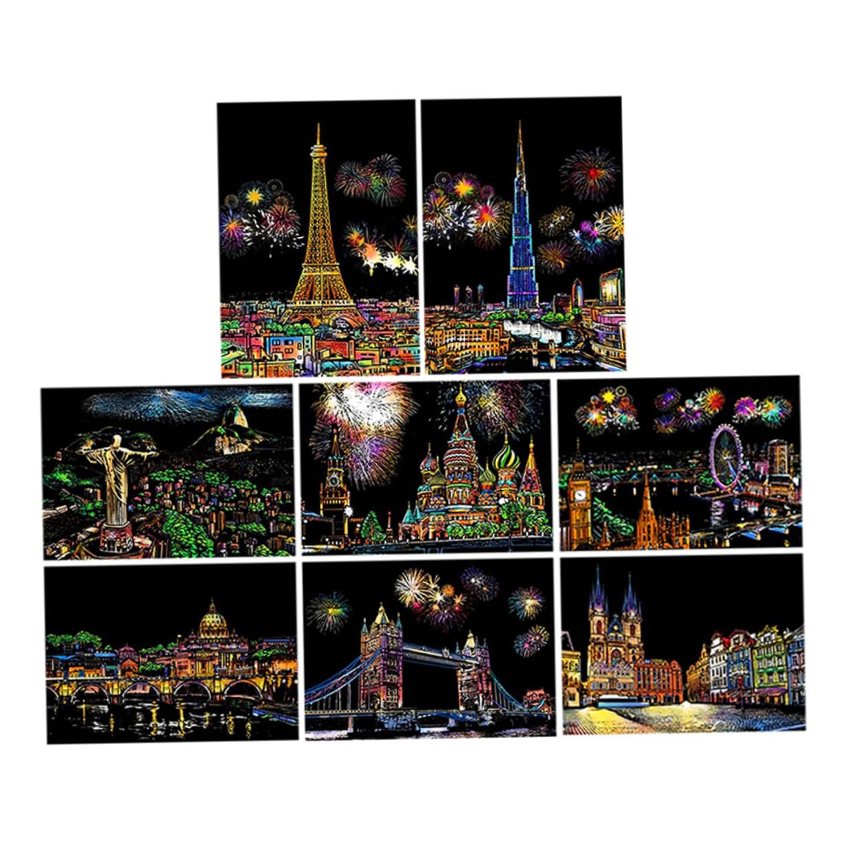 VILLCASE Scratch Paper, Night View Scratchboard Night Scene Scratch Painting Paper with Famous City Landmarks Black Scratch Paper Black Scratch It off Paper for Adults and Kids