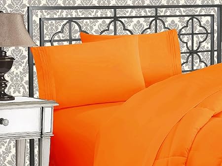 Elegant Comfort Luxurious 1500 Premium Hotel Quality Microfiber Three Line Embroidered Softest 5-Piece Bed Sheet Set, Wrinkle and Fade Resistant, Split King, Orange