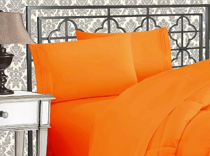 Elegant Comfort Luxurious 1500 Premium Hotel Quality Microfiber Three Line Embroidered Softest 5-Piece Bed Sheet Set, Wrinkle and Fade Resistant, Split King, Orange