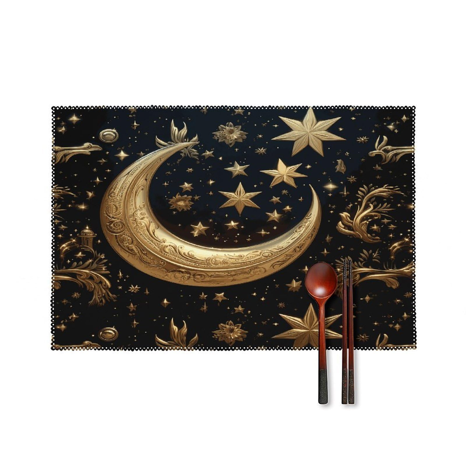 Fekiloot Style Golden Stars And Moon Placemats Set Of 6,Table Mat